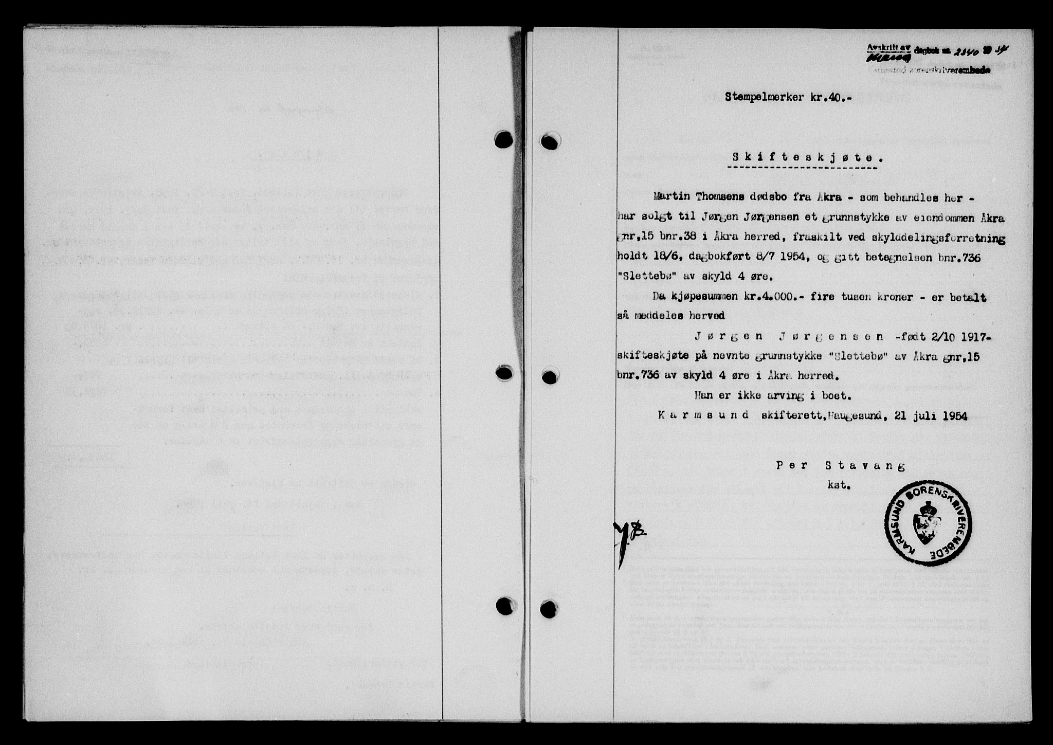 Karmsund sorenskriveri, SAST/A-100311/01/II/IIB/L0113: Pantebok nr. 93A, 1954-1954, Dagboknr: 2340/1954