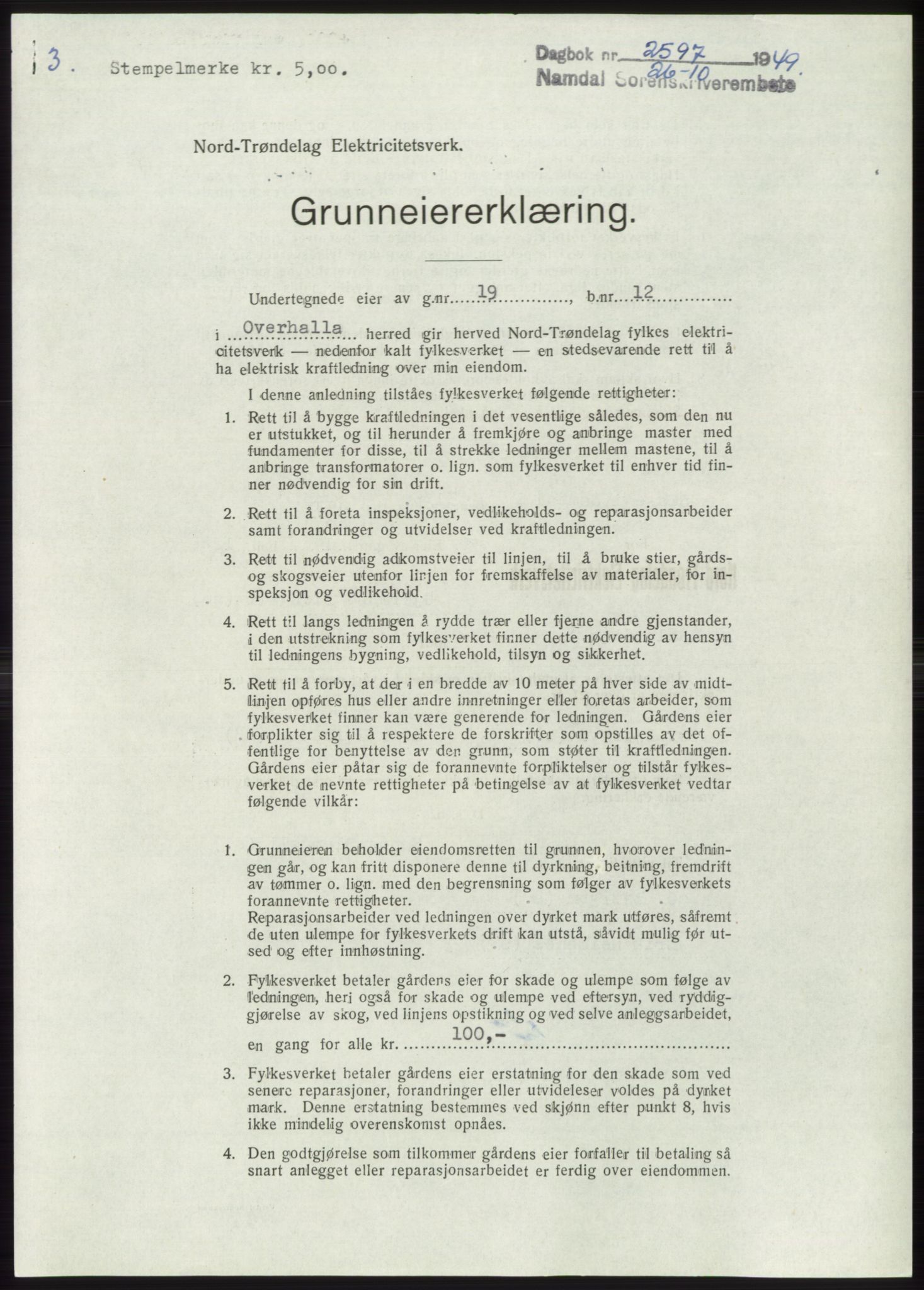 Namdal sorenskriveri, SAT/A-4133/1/2/2C: Pantebok nr. -, 1949-1949, Dagboknr: 2597/1949