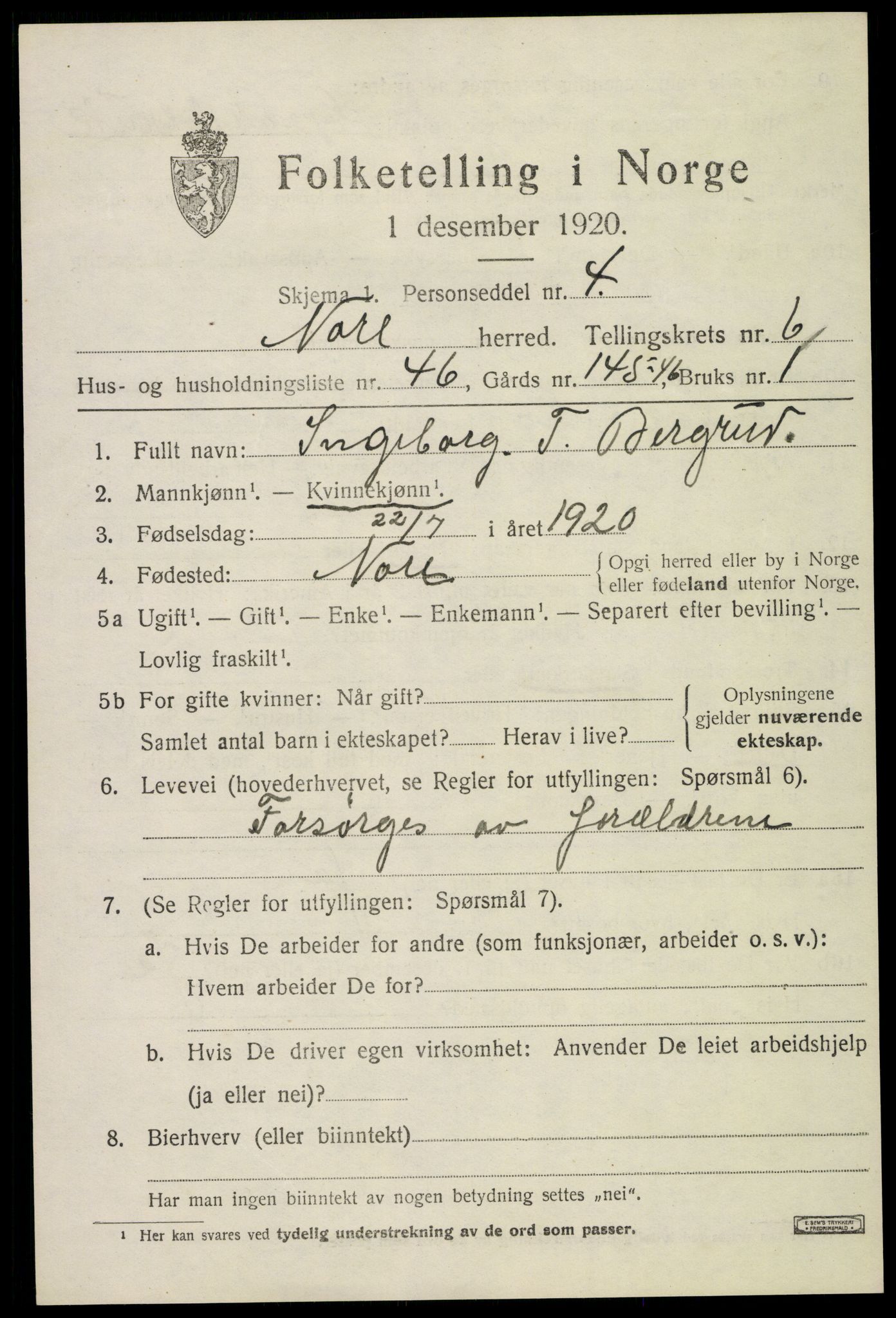 SAKO, Folketelling 1920 for 0633 Nore herred, 1920, s. 3024