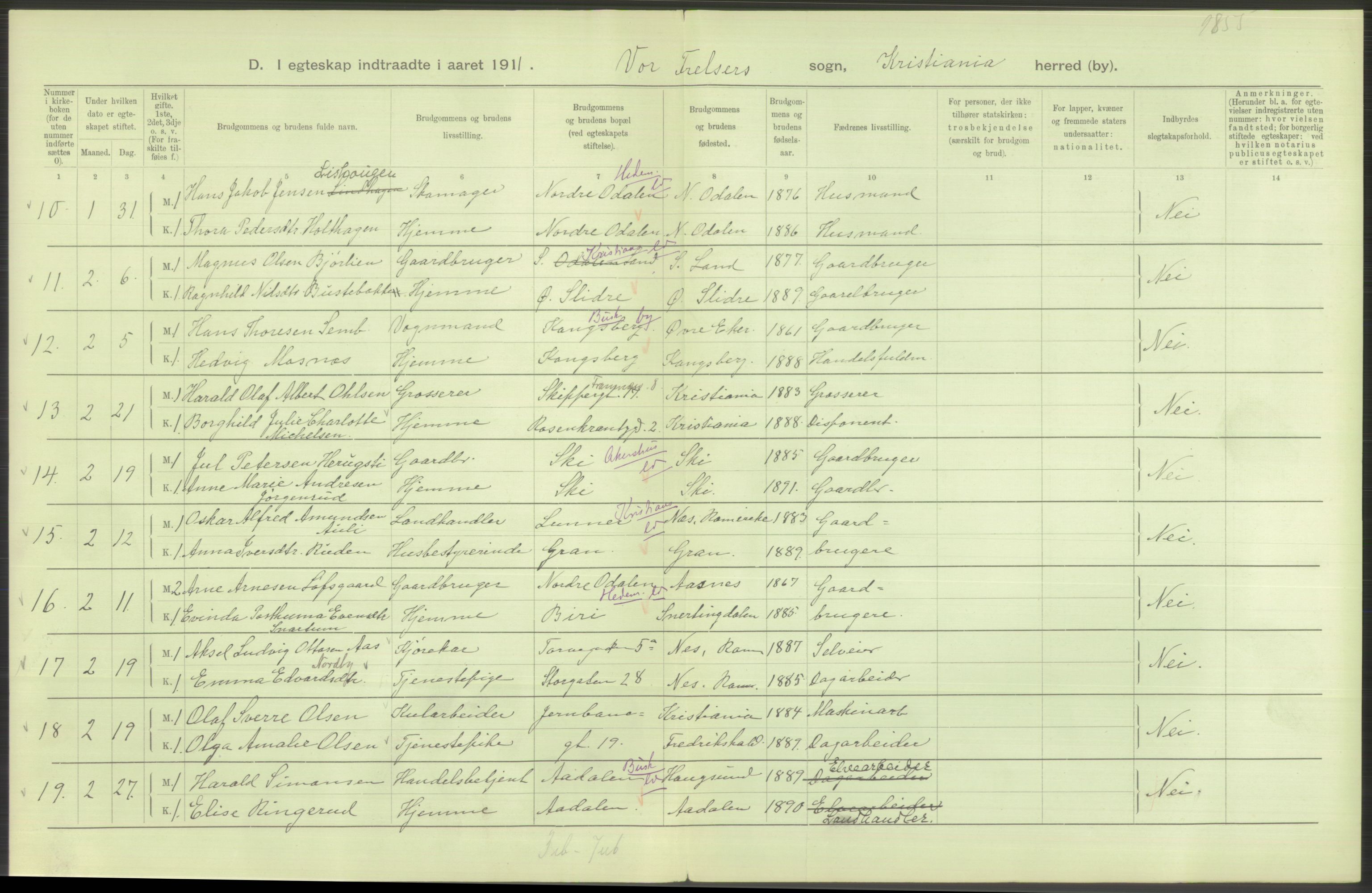 Statistisk sentralbyrå, Sosiodemografiske emner, Befolkning, AV/RA-S-2228/D/Df/Dfb/Dfba/L0008: Kristiania: Gifte, 1911, s. 484