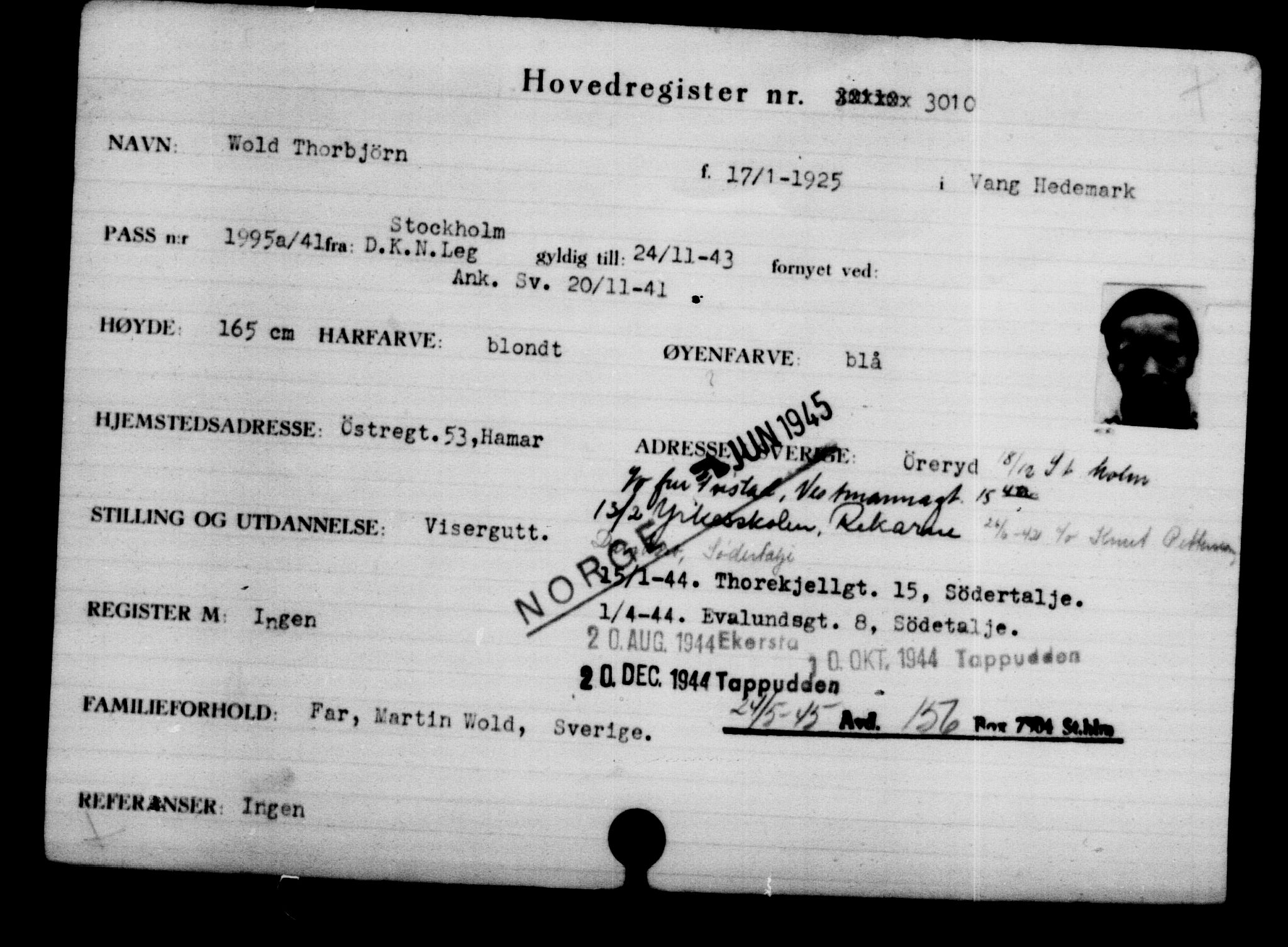 Utenriksstasjonene, Legasjonen i Stockholm, Flyktningkontoret, AV/RA-S-6753/V/Va/L0003: Kjesäterkartoteket, flyktninger med registreringsnr. 2001-3495, 1940-1945, s. 1431
