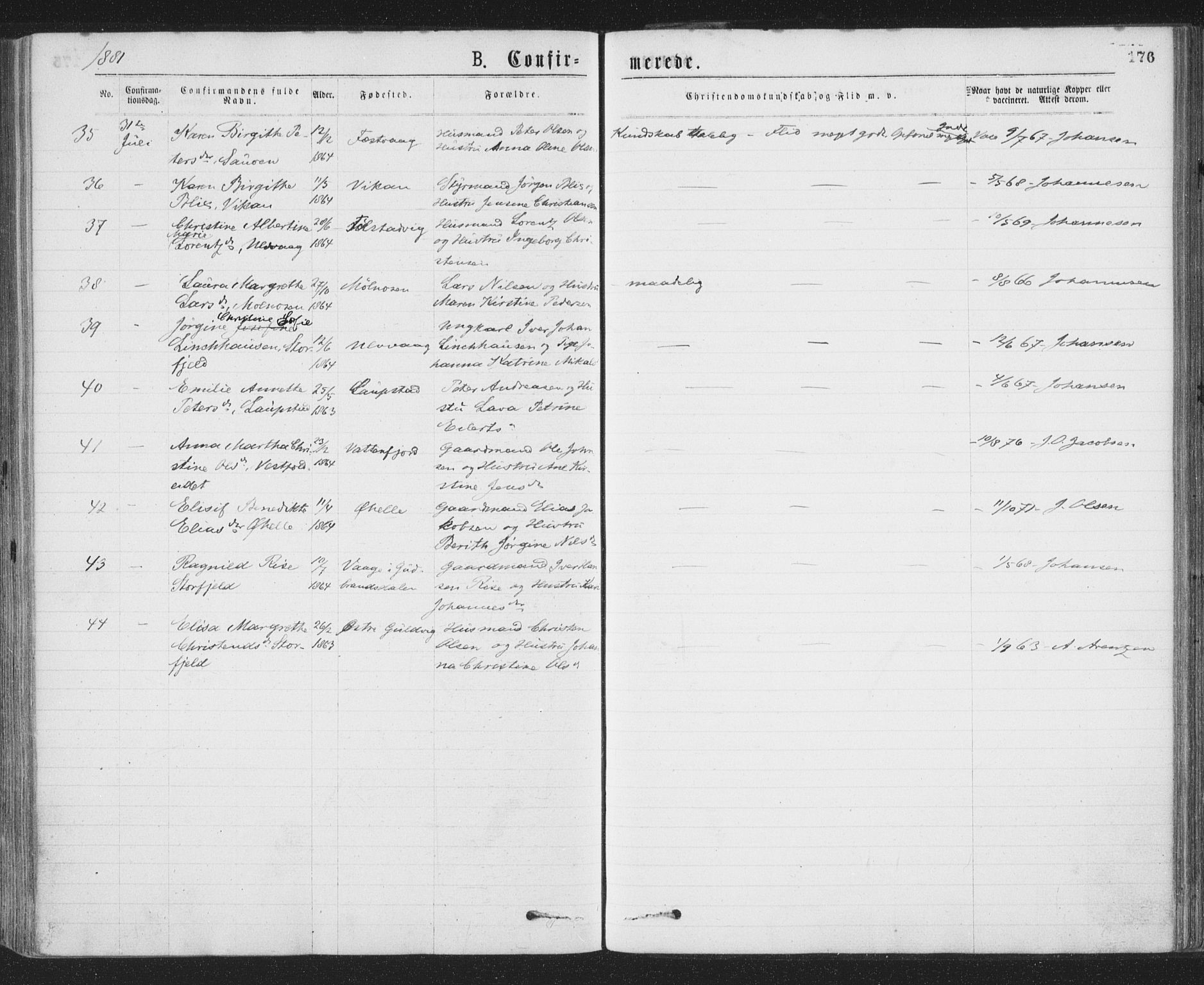 Ministerialprotokoller, klokkerbøker og fødselsregistre - Nordland, SAT/A-1459/874/L1058: Ministerialbok nr. 874A02, 1878-1883, s. 176