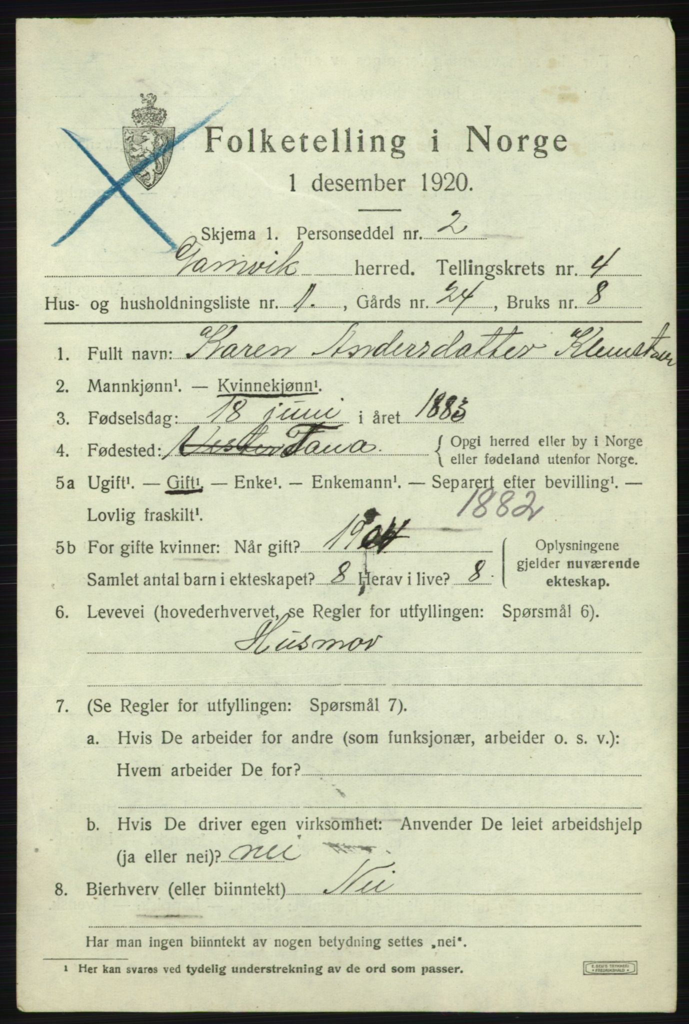 SATØ, Folketelling 1920 for 2023 Gamvik herred, 1920, s. 2980