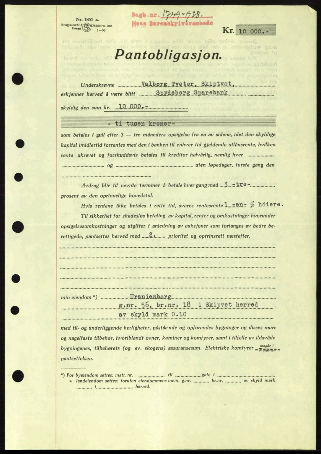 Moss sorenskriveri, SAO/A-10168: Pantebok nr. B6, 1938-1938, Dagboknr: 1749/1938