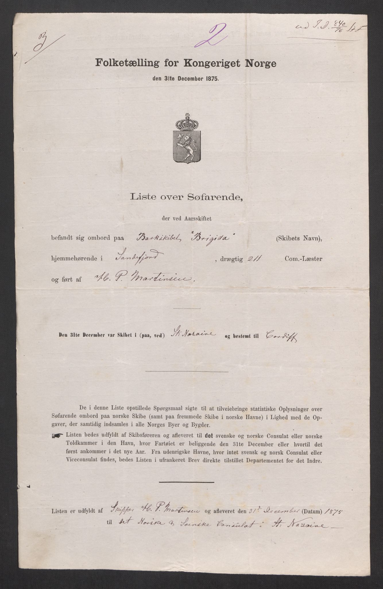 RA, Folketelling 1875, skipslister: Skip i utenrikske havner, hjemmehørende i byer og ladesteder, Fredrikshald - Arendal, 1875, s. 479