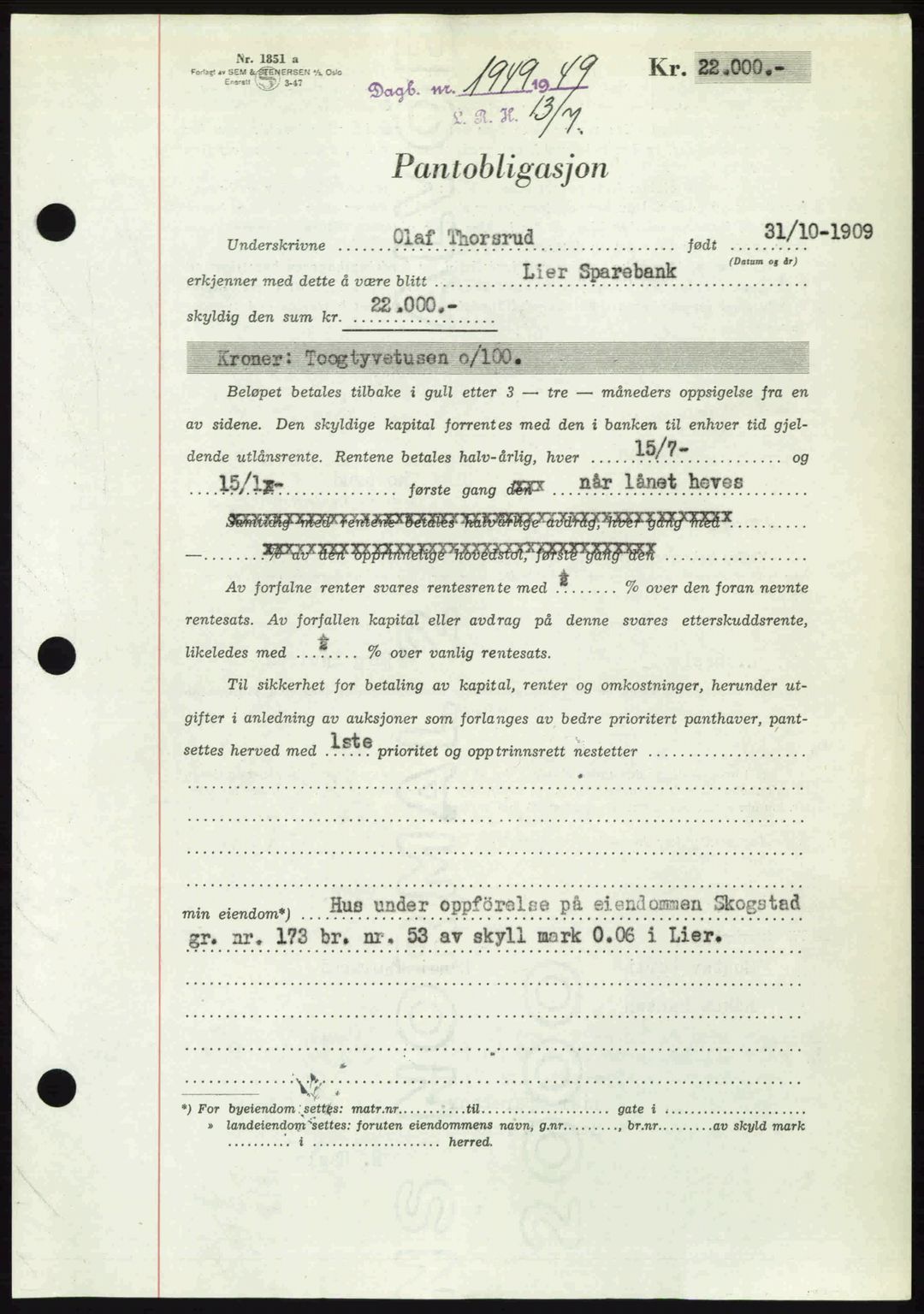 Lier, Røyken og Hurum sorenskriveri, AV/SAKO-A-89/G/Ga/Gab/L0101: Pantebok nr. 101, 1949-1949, Dagboknr: 1949/1949