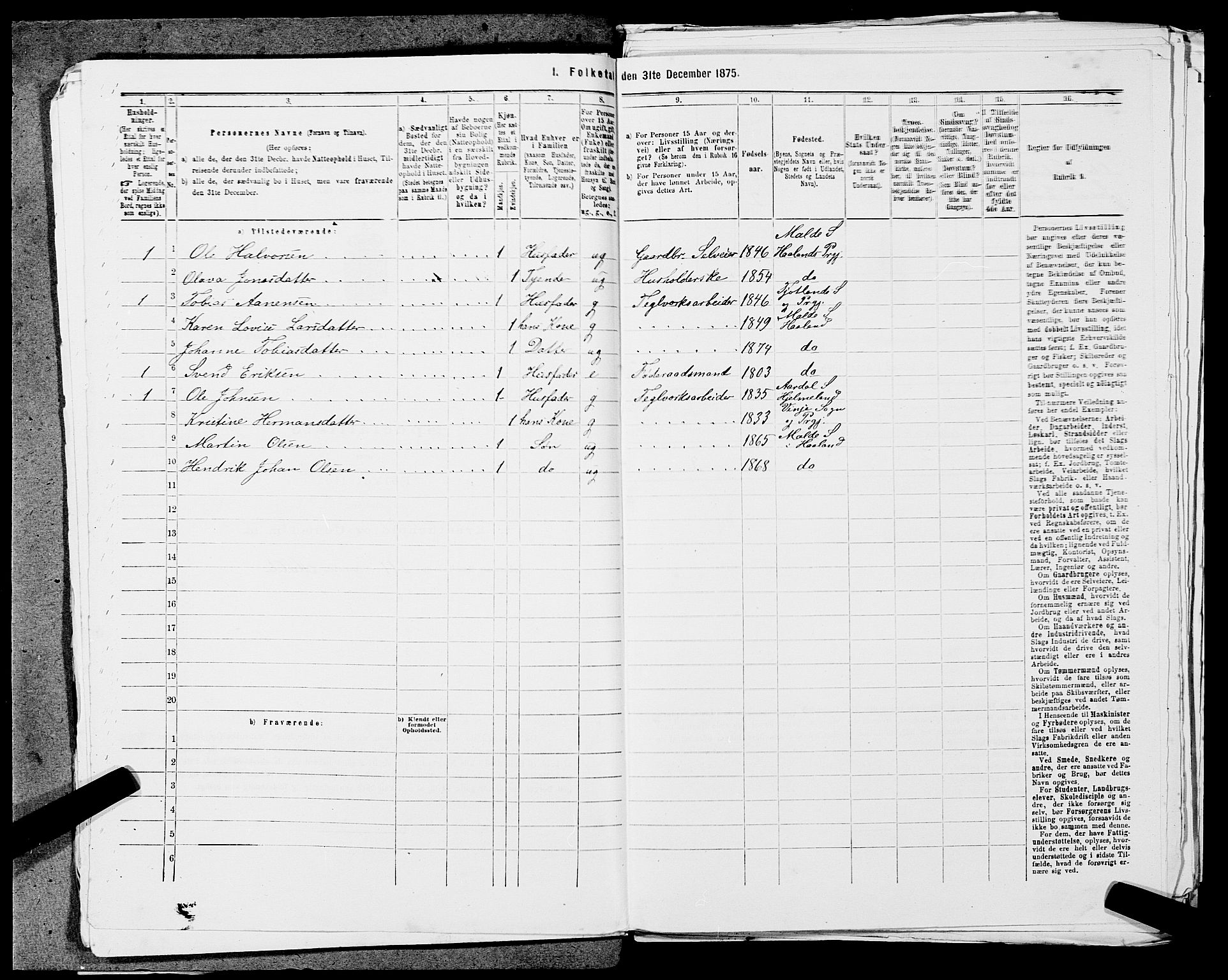 SAST, Folketelling 1875 for 1124P Håland prestegjeld, 1875, s. 913
