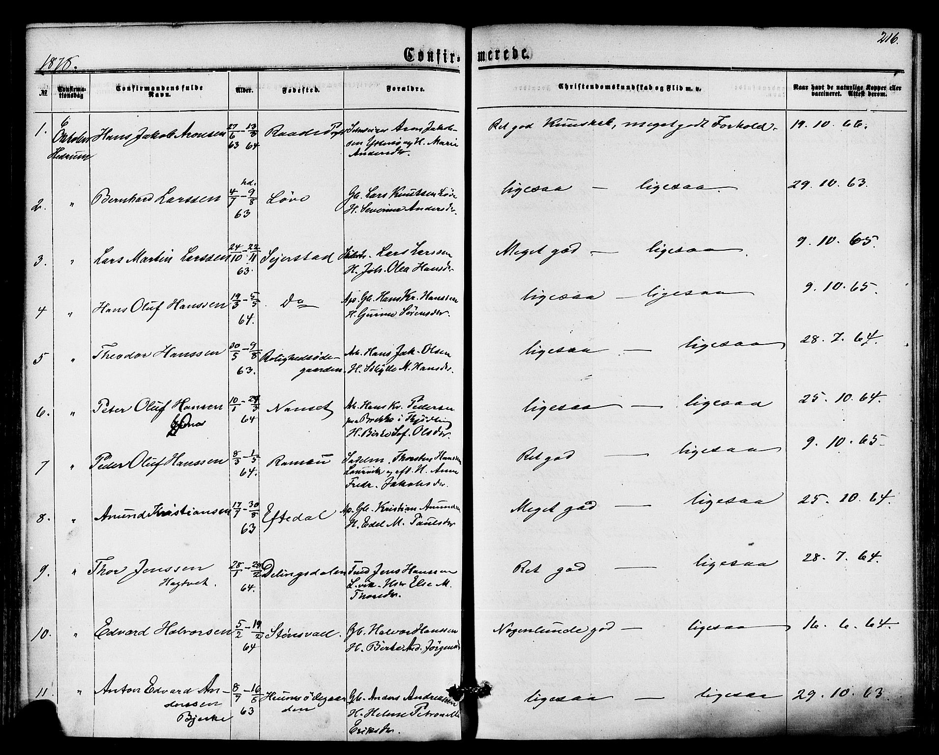 Hedrum kirkebøker, AV/SAKO-A-344/F/Fa/L0008: Ministerialbok nr. I 8, 1869-1880, s. 216