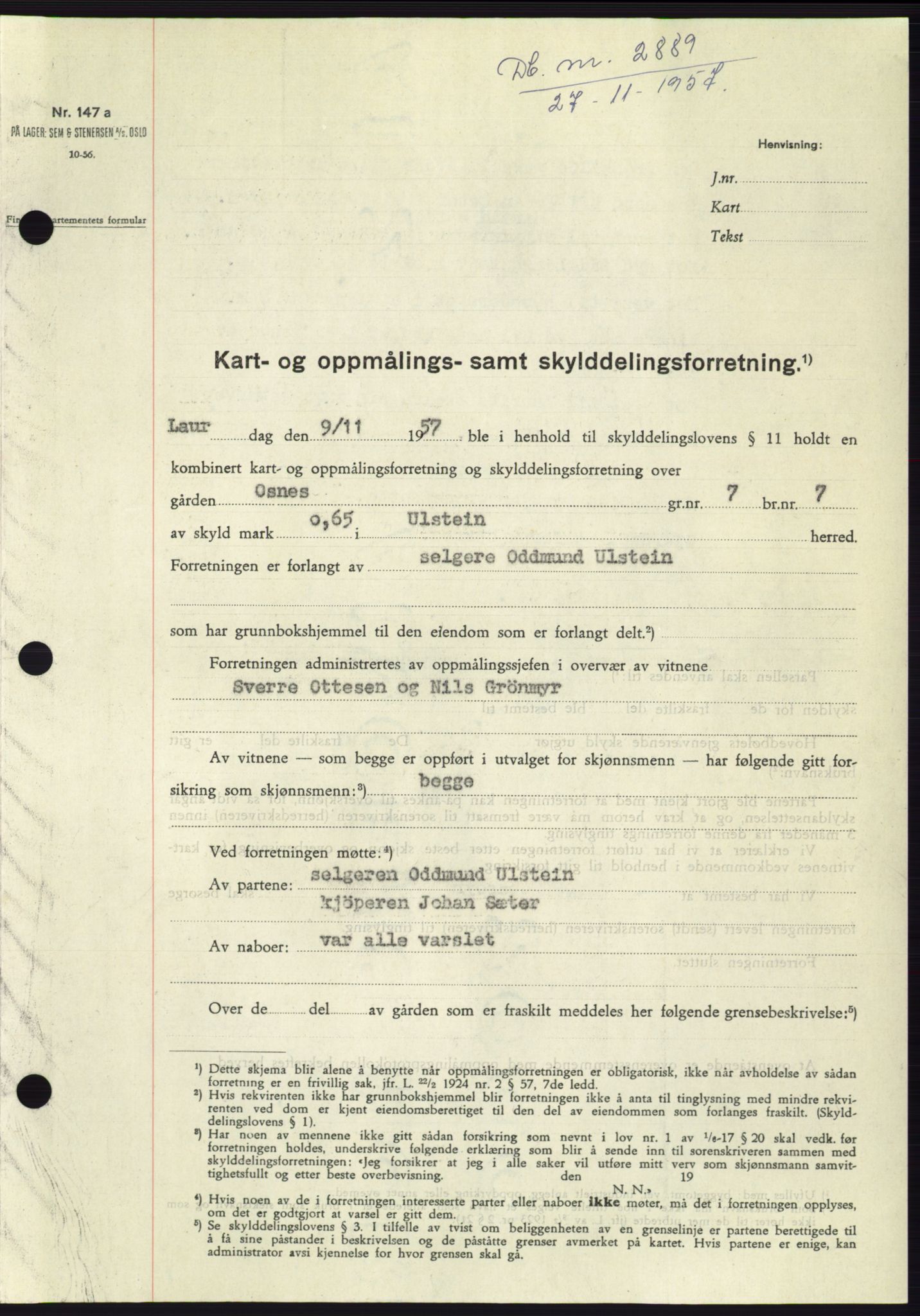 Søre Sunnmøre sorenskriveri, SAT/A-4122/1/2/2C/L0108: Pantebok nr. 34A, 1957-1958, Dagboknr: 2889/1957