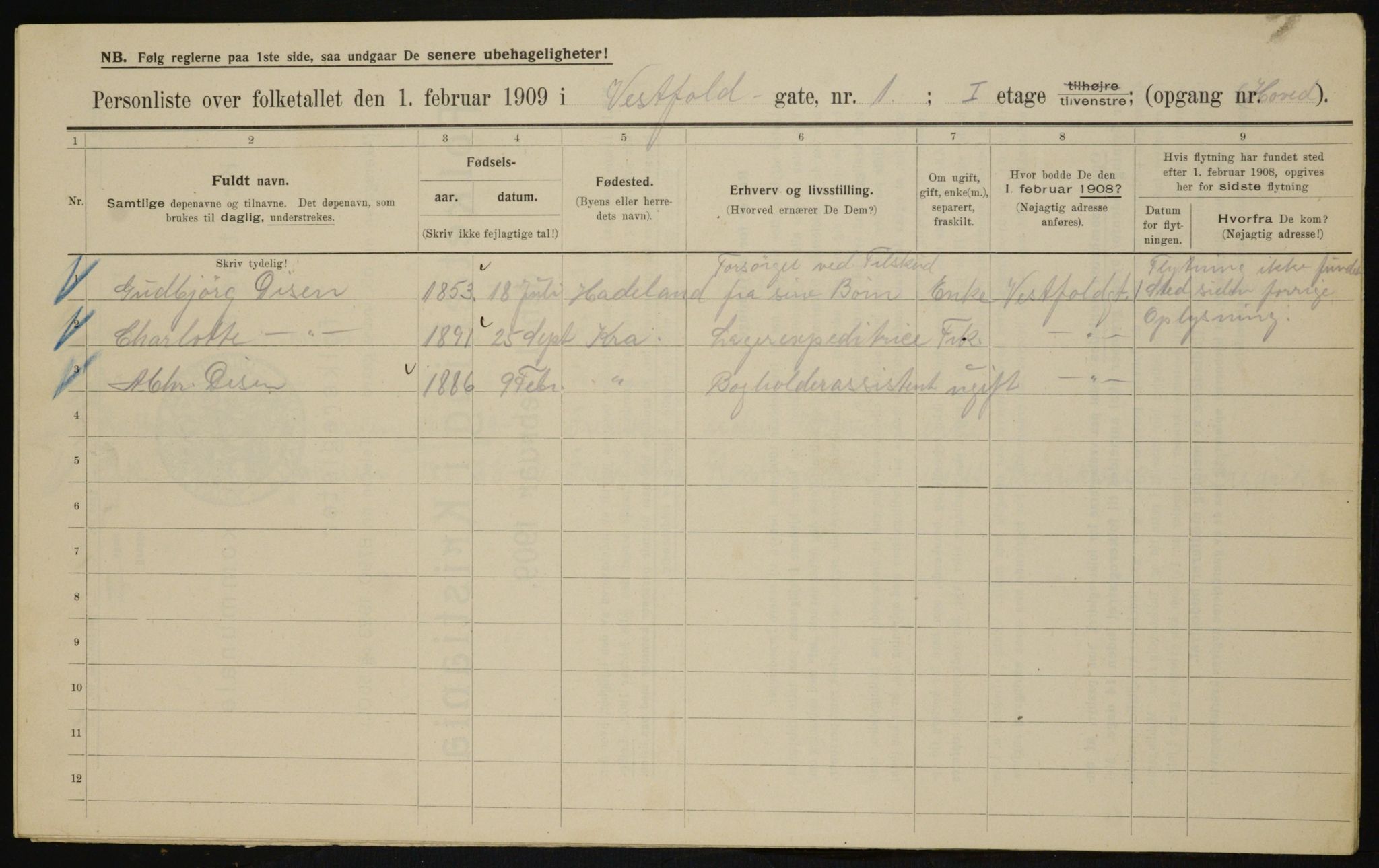 OBA, Kommunal folketelling 1.2.1909 for Kristiania kjøpstad, 1909, s. 111015