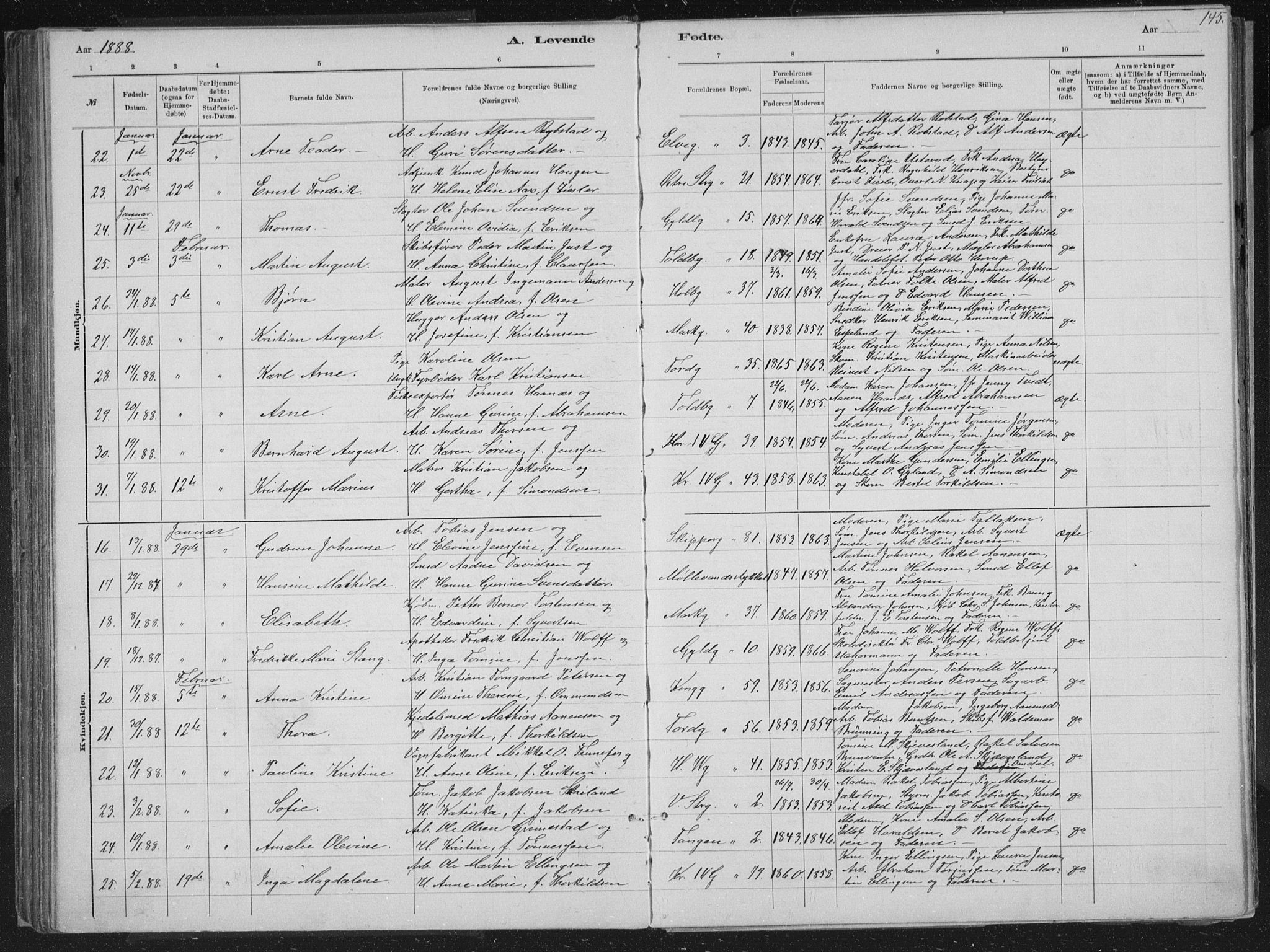 Kristiansand domprosti, AV/SAK-1112-0006/F/Fb/L0014: Klokkerbok nr. B 14, 1881-1896, s. 145