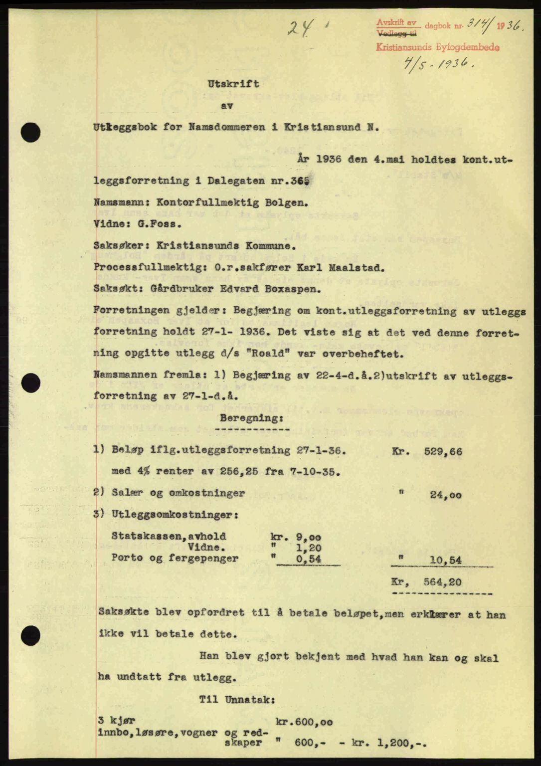 Kristiansund byfogd, SAT/A-4587/A/27: Pantebok nr. 29, 1936-1937, Dagboknr: 314/1936