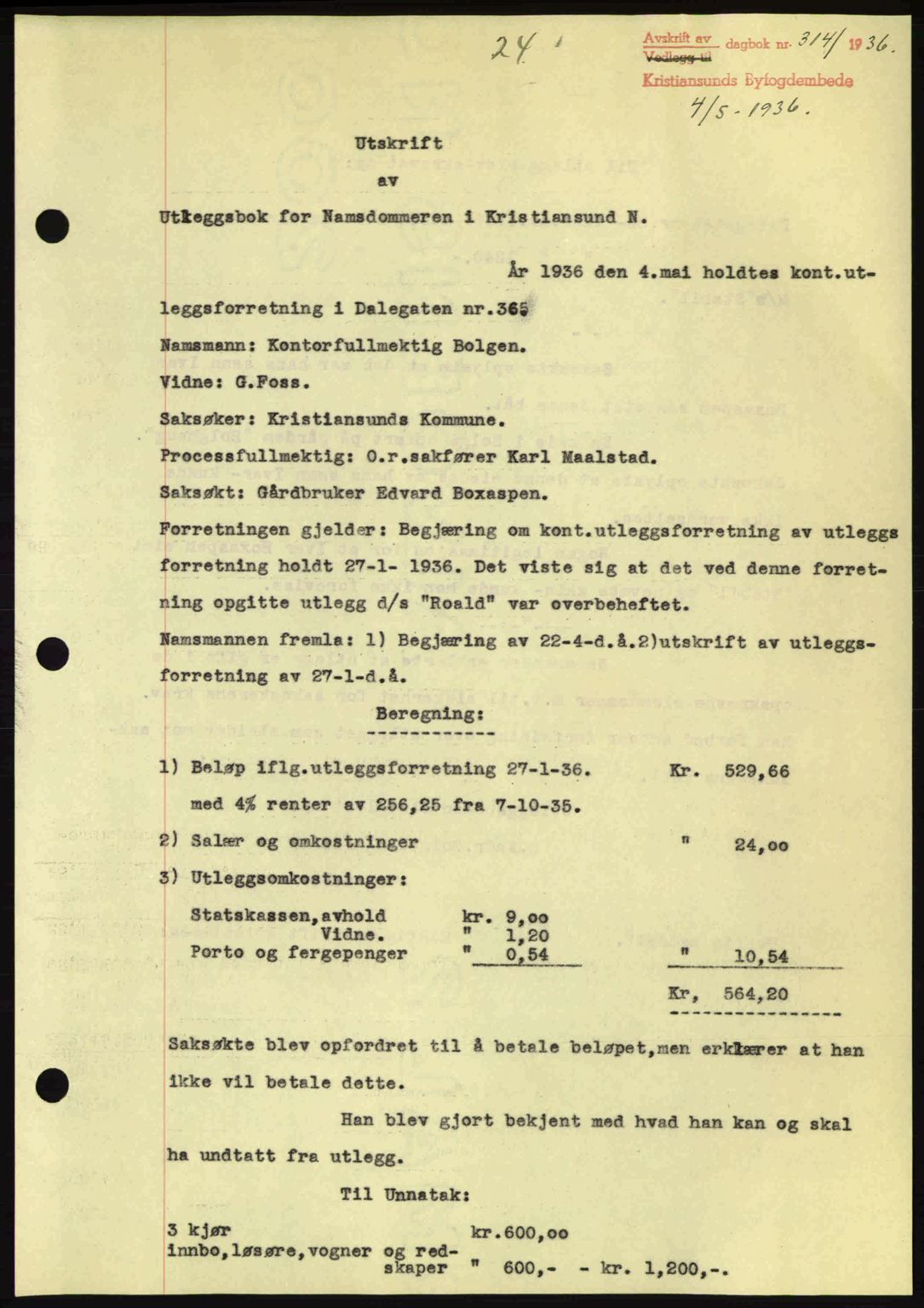 Kristiansund byfogd, AV/SAT-A-4587/A/27: Pantebok nr. 29, 1936-1937, Dagboknr: 314/1936