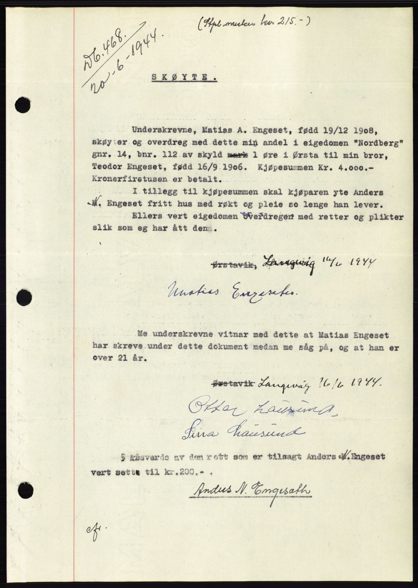 Søre Sunnmøre sorenskriveri, SAT/A-4122/1/2/2C/L0076: Pantebok nr. 2A, 1943-1944, Dagboknr: 468/1944