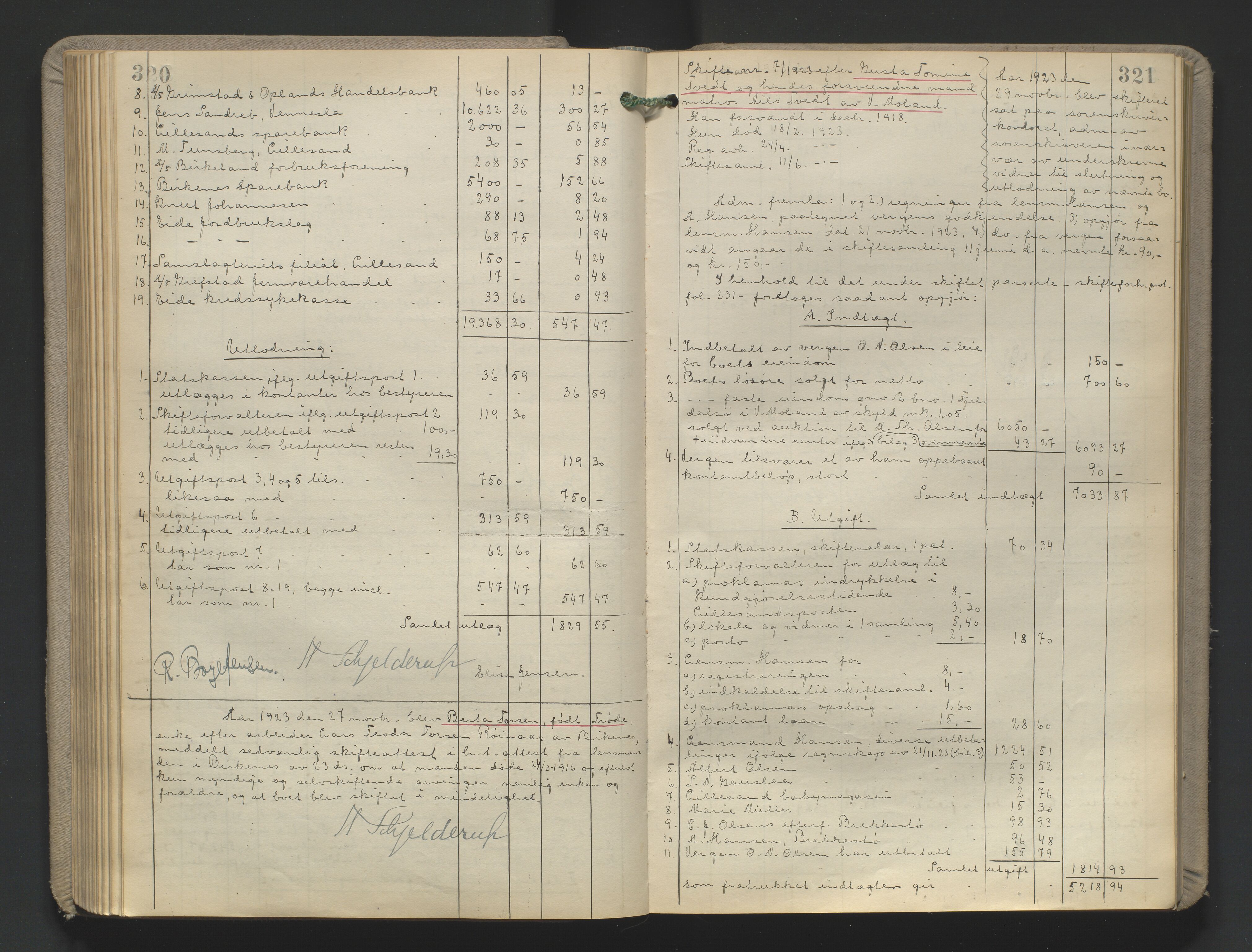 Vestre Nedenes/Sand sorenskriveri, AV/SAK-1221-0010/H/Hc/L0022: Skifteutlodningsprotokoll nr. 9, 1919-1932, s. 320-321