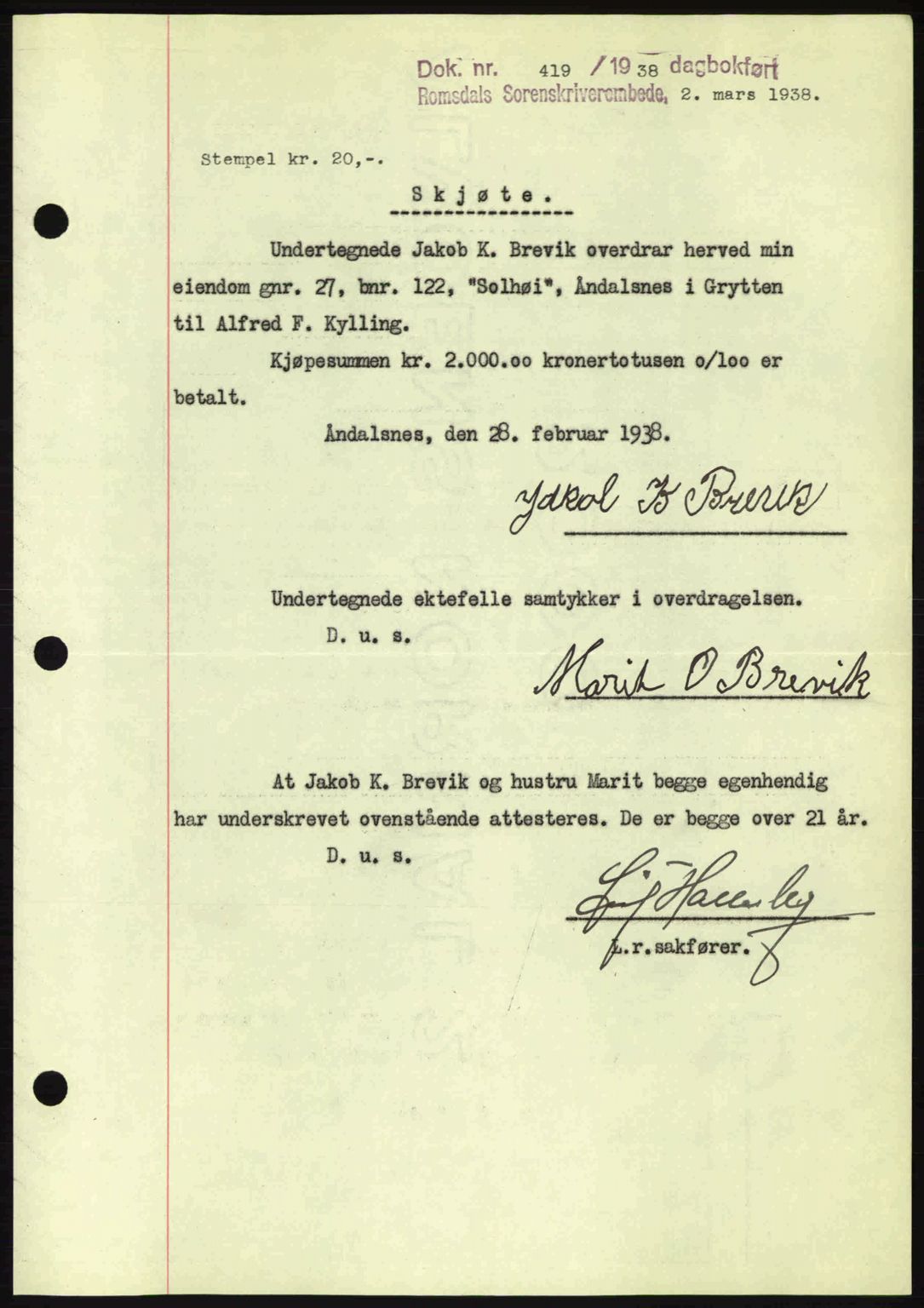 Romsdal sorenskriveri, SAT/A-4149/1/2/2C: Pantebok nr. A4, 1937-1938, Dagboknr: 419/1938