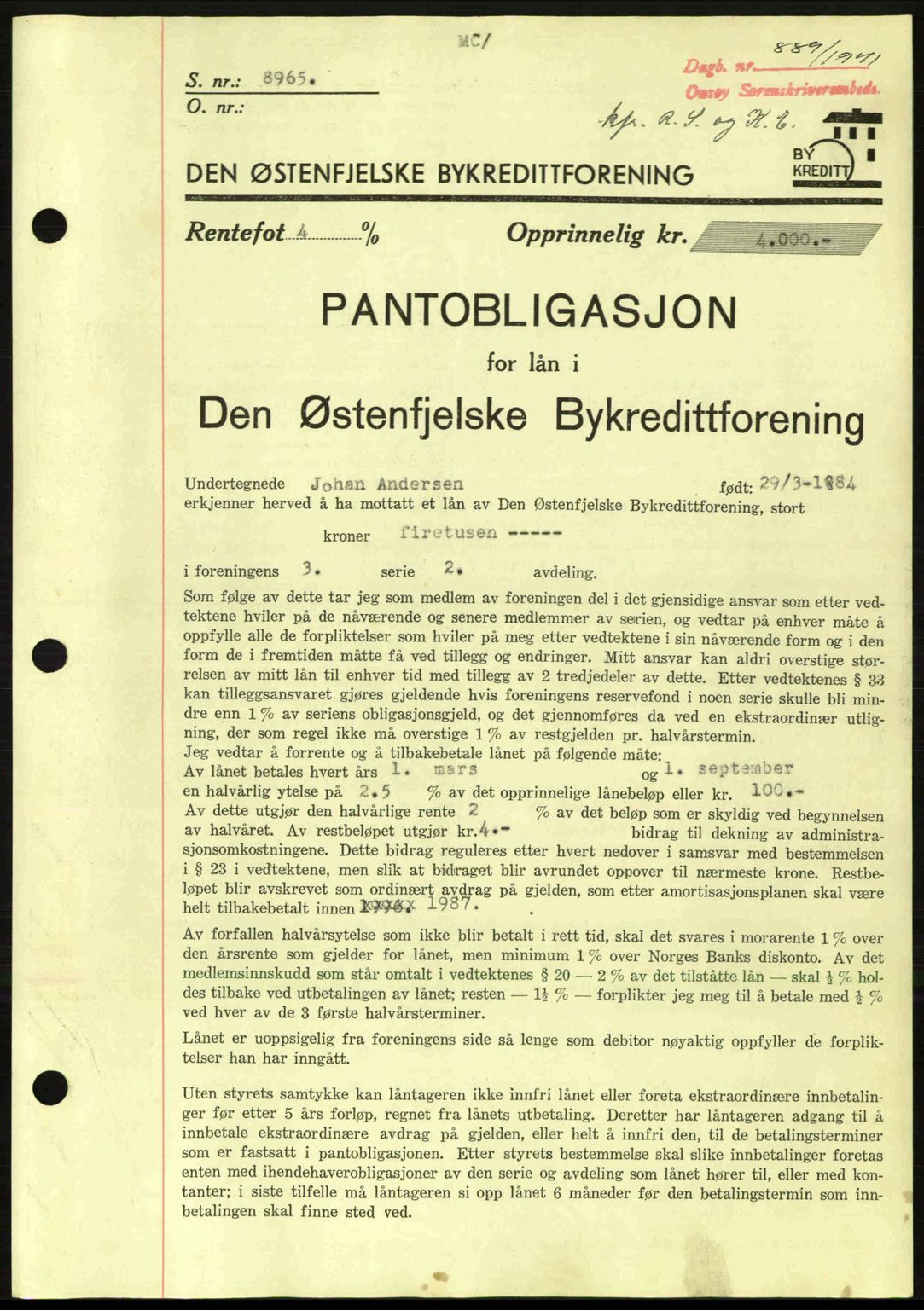 Onsøy sorenskriveri, SAO/A-10474/G/Ga/Gac/L0003: Pantebok nr. B3, 1940-1944, Dagboknr: 889/1941
