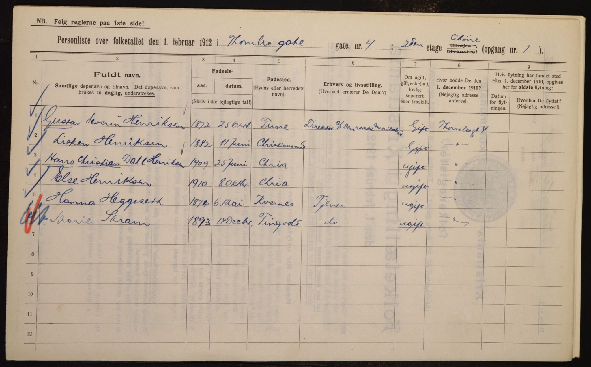 OBA, Kommunal folketelling 1.2.1912 for Kristiania, 1912, s. 109218