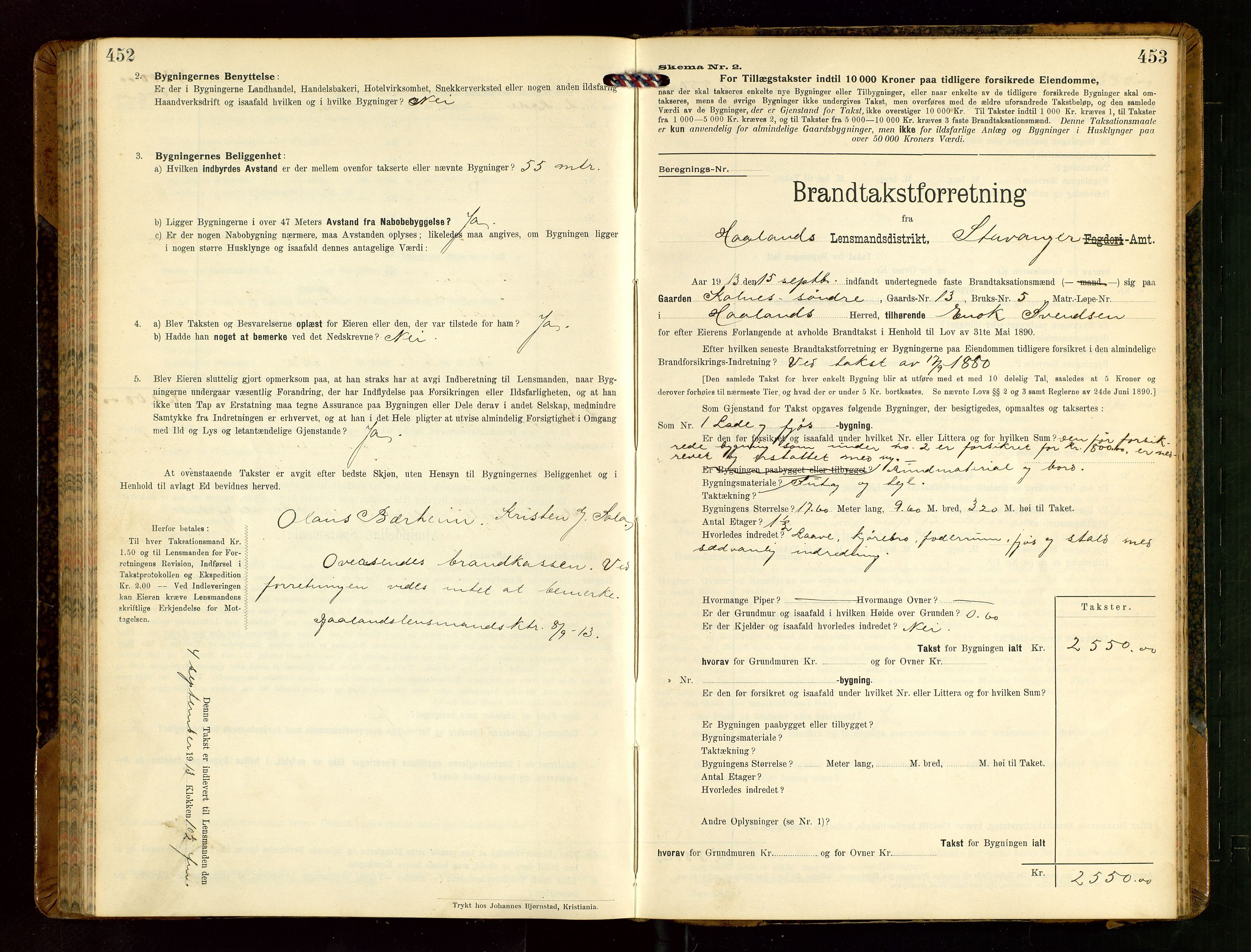 Håland lensmannskontor, AV/SAST-A-100100/Gob/L0004: Branntakstprotokoll - skjematakst. Register i boken., 1913-1915, s. 452-453