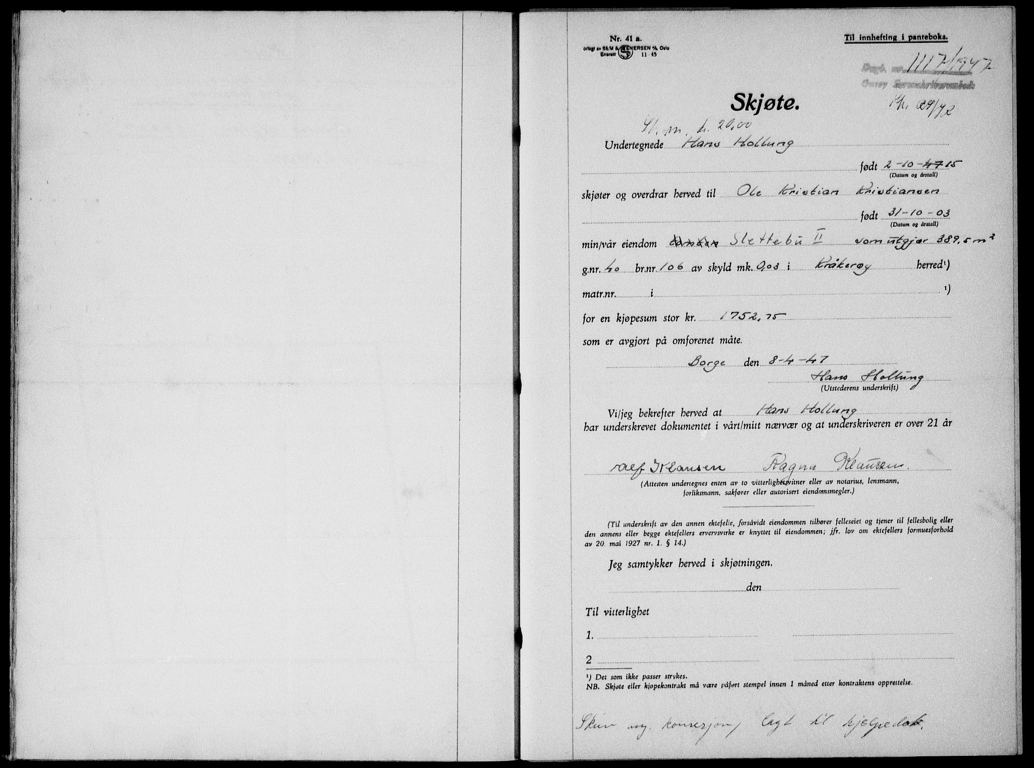 Onsøy sorenskriveri, SAO/A-10474/G/Ga/Gab/L0019b: Pantebok nr. II A-19 B, 1947-1947, Dagboknr: 1117/1947