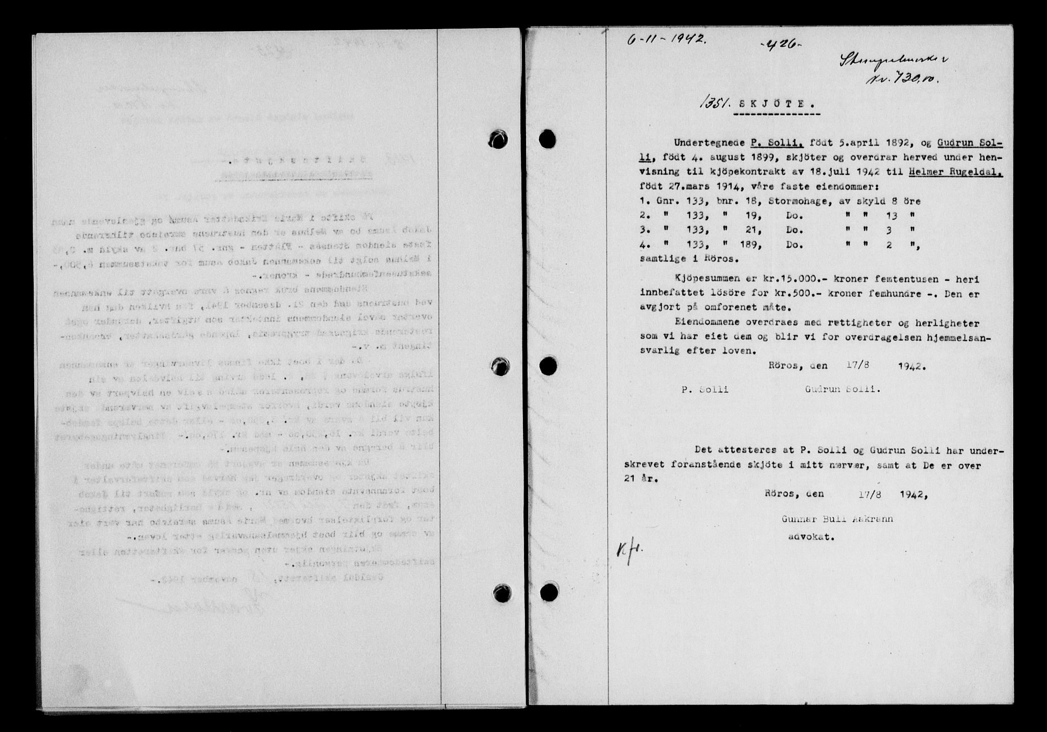 Gauldal sorenskriveri, SAT/A-0014/1/2/2C/L0055: Pantebok nr. 60, 1942-1942, Dagboknr: 1351/1942