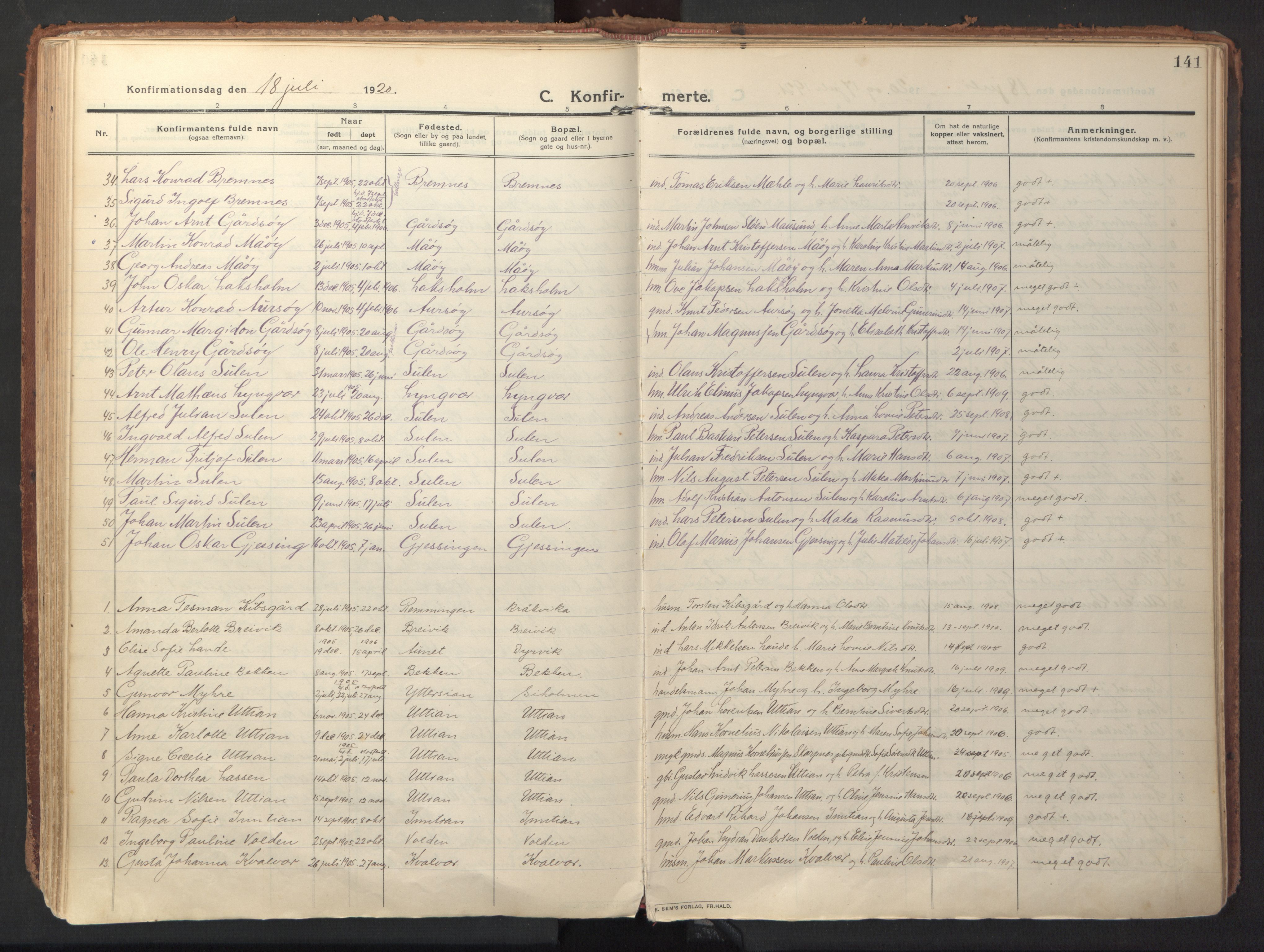 Ministerialprotokoller, klokkerbøker og fødselsregistre - Sør-Trøndelag, SAT/A-1456/640/L0581: Ministerialbok nr. 640A06, 1910-1924, s. 141