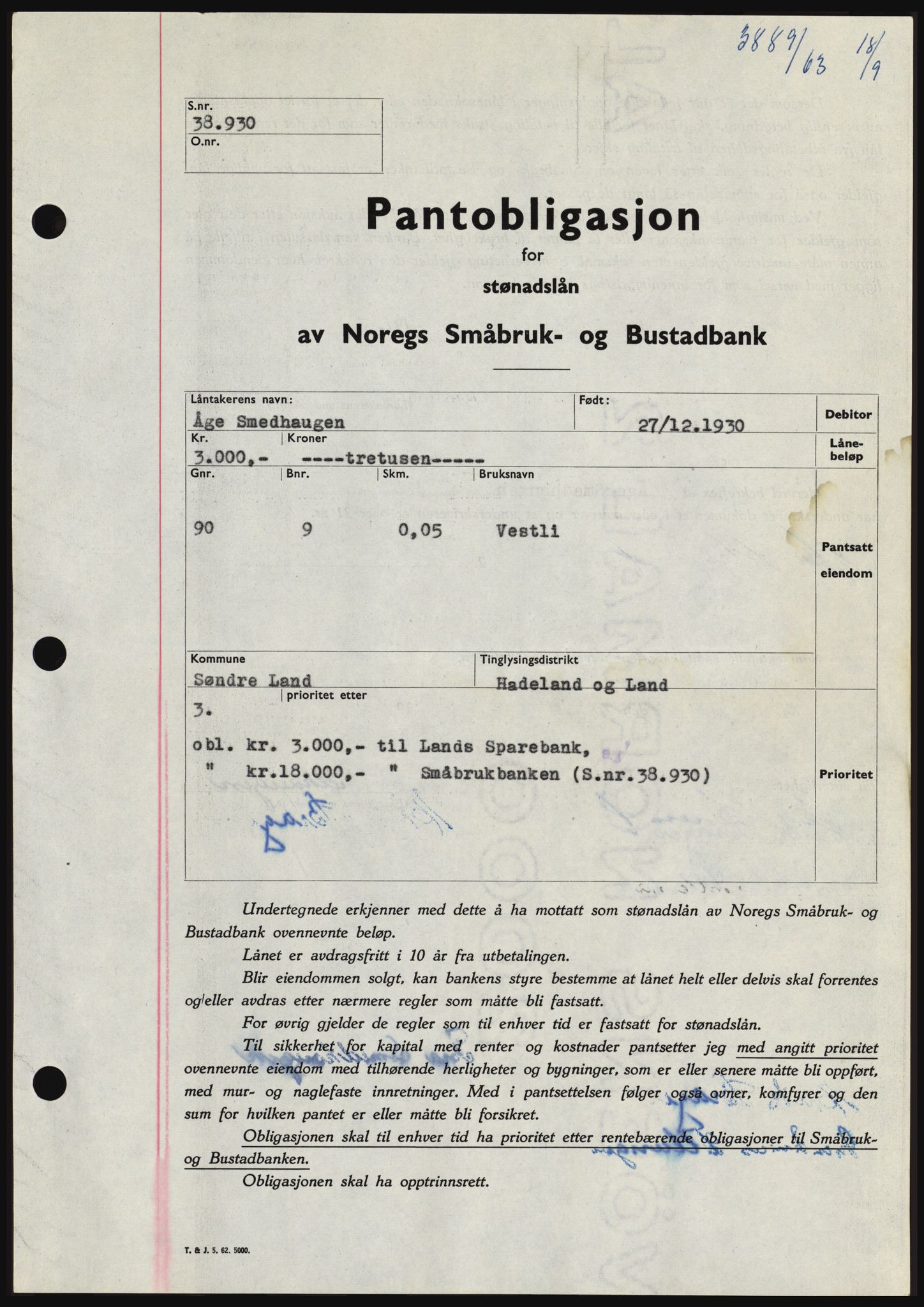 Hadeland og Land tingrett, SAH/TING-010/H/Hb/Hbc/L0052: Pantebok nr. B52, 1963-1963, Dagboknr: 3889/1963