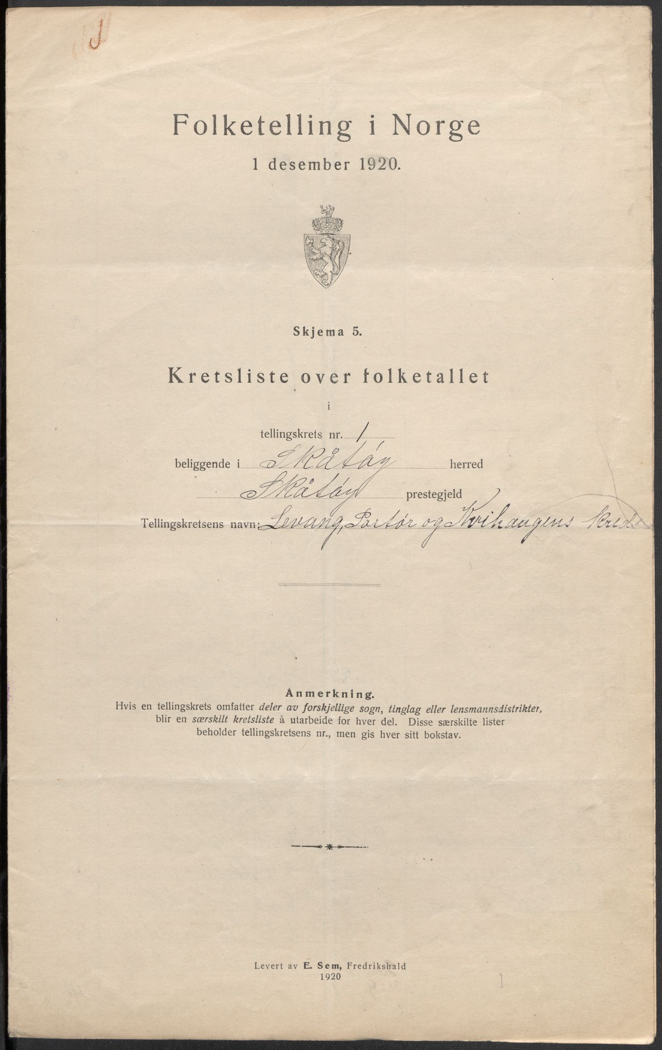 SAKO, Folketelling 1920 for 0815 Skåtøy herred, 1920, s. 5