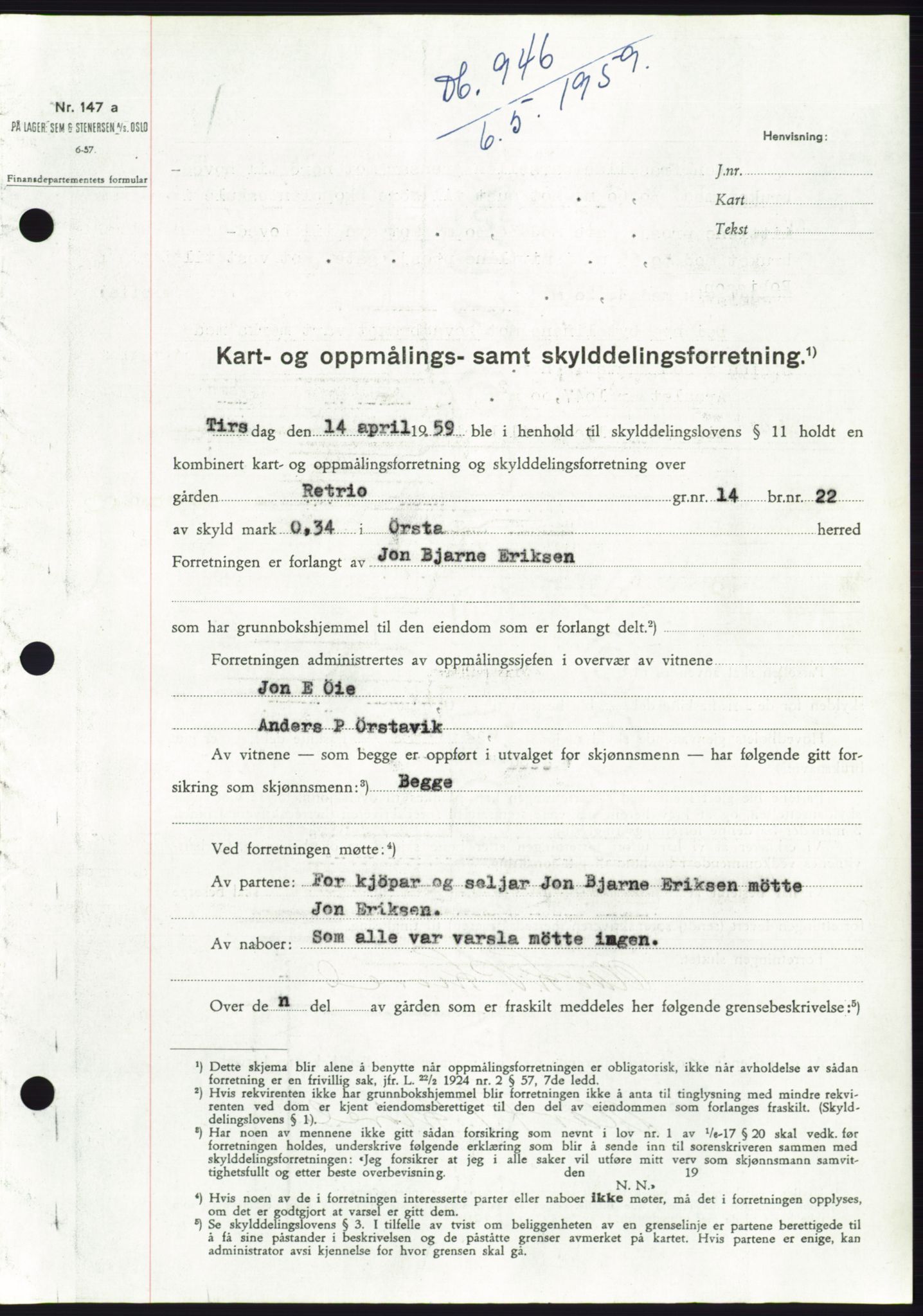 Søre Sunnmøre sorenskriveri, SAT/A-4122/1/2/2C/L0112: Pantebok nr. 38A, 1959-1959, Dagboknr: 946/1959