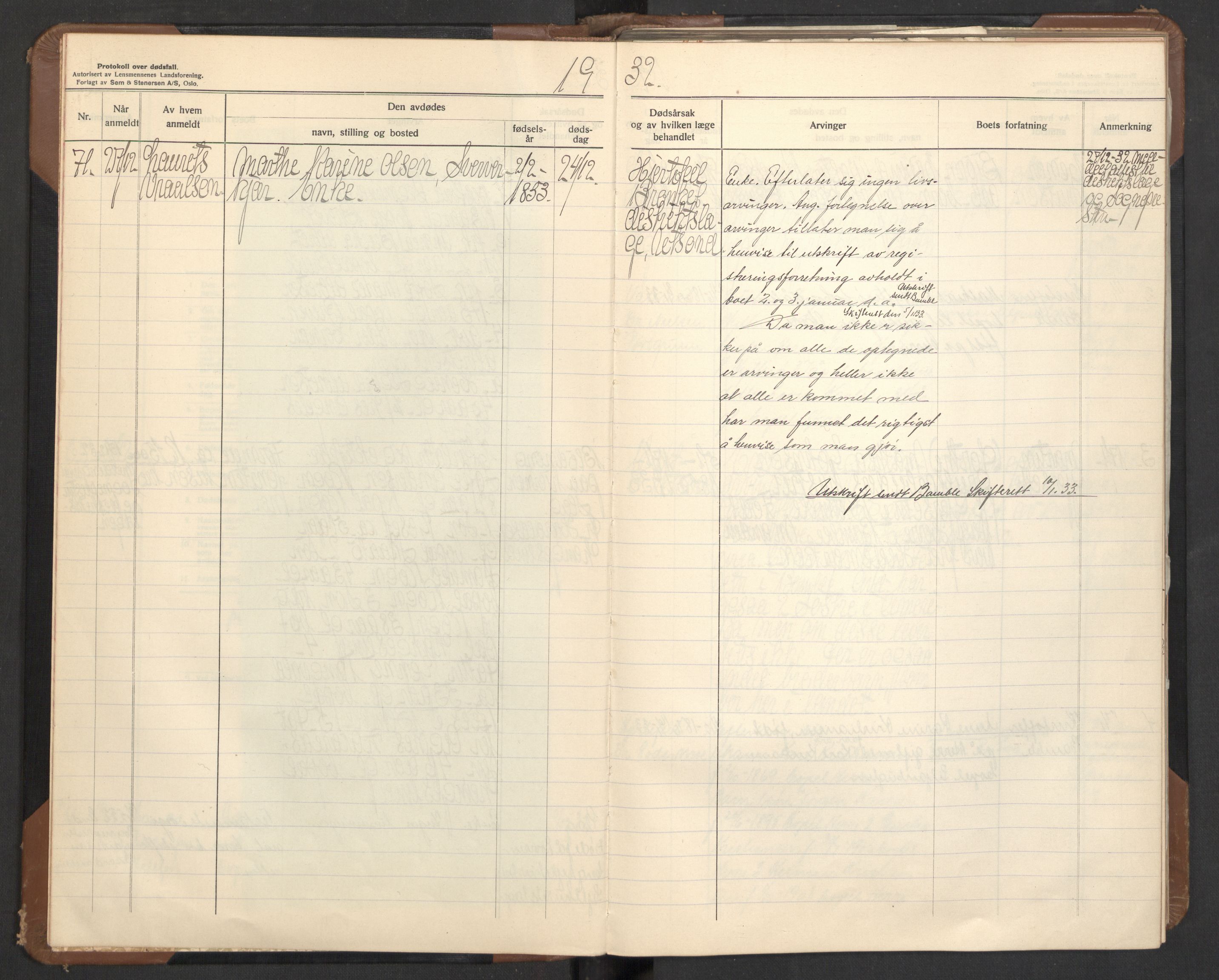 Bamble lensmannskontor, AV/SAKO-A-552/H/Ha/Haa/L0006: Dødsfallsprotokoll, 1932-1938