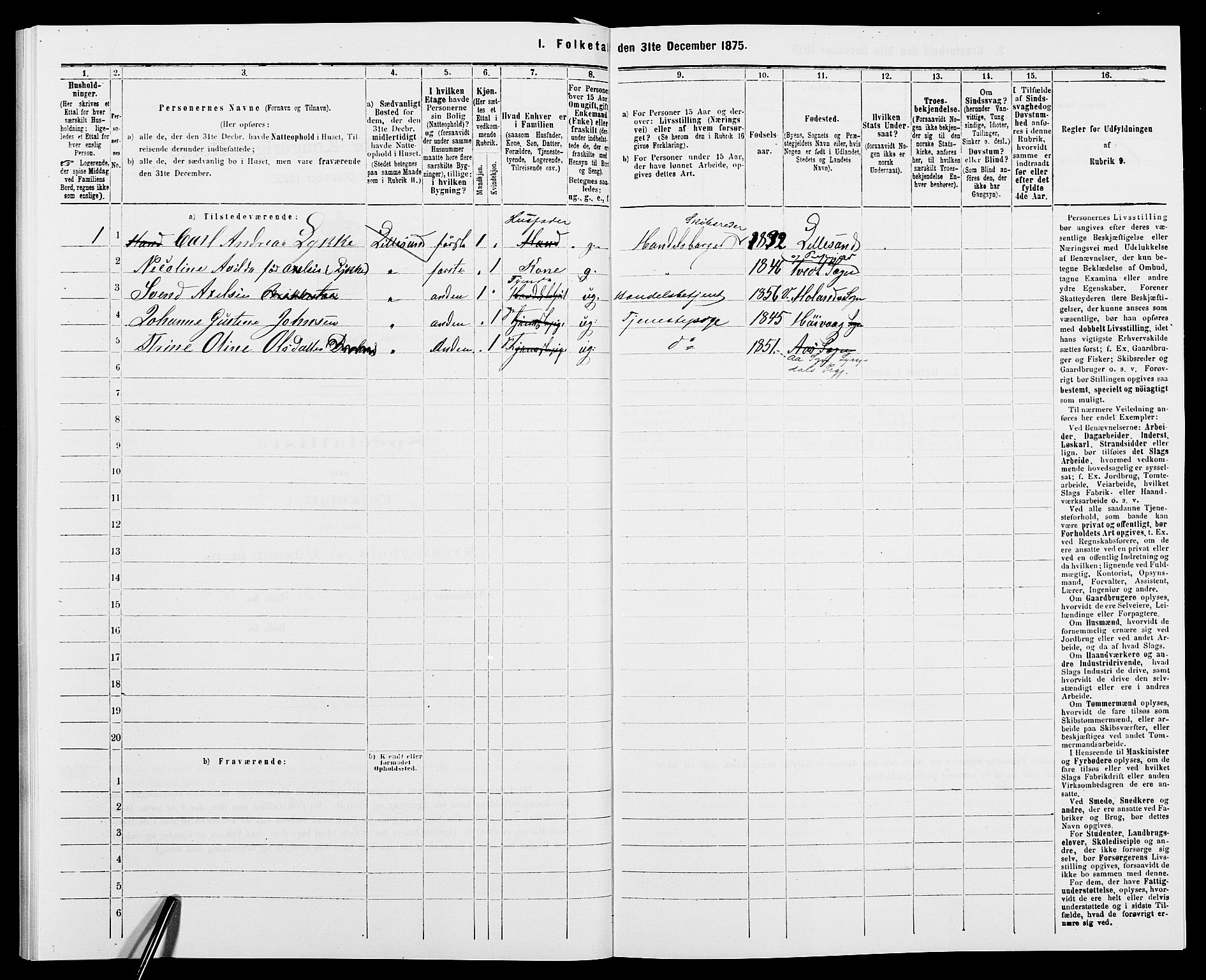 SAK, Folketelling 1875 for 0905B Vestre Moland prestegjeld, Lillesand ladested, 1875, s. 91
