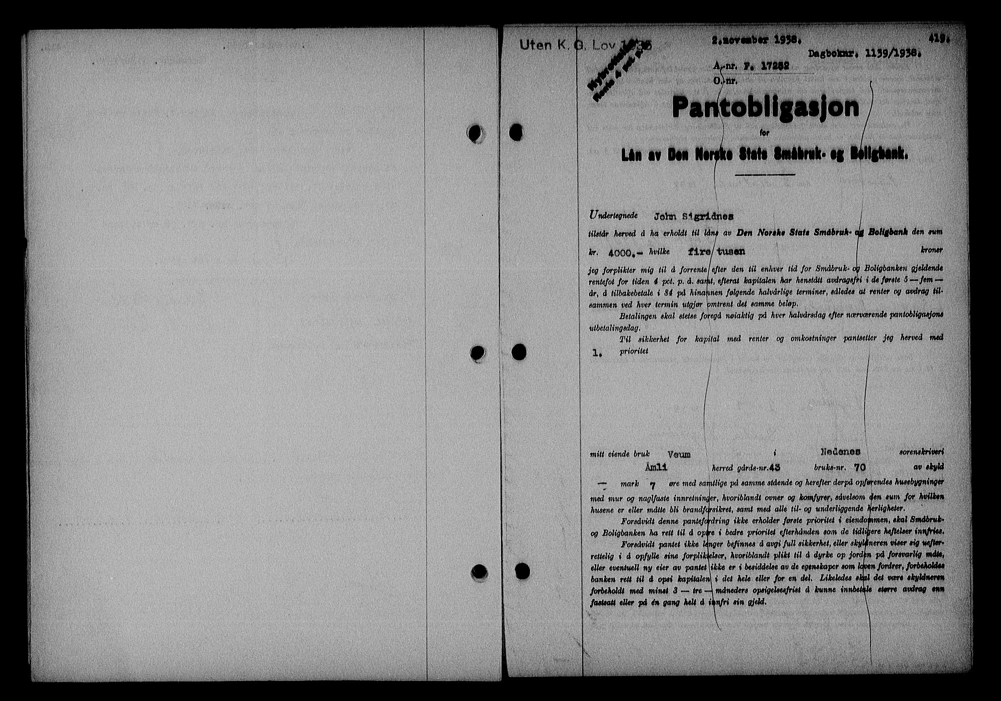 Nedenes sorenskriveri, SAK/1221-0006/G/Gb/Gba/L0045: Pantebok nr. 41, 1938-1938, Dagboknr: 1139/1938