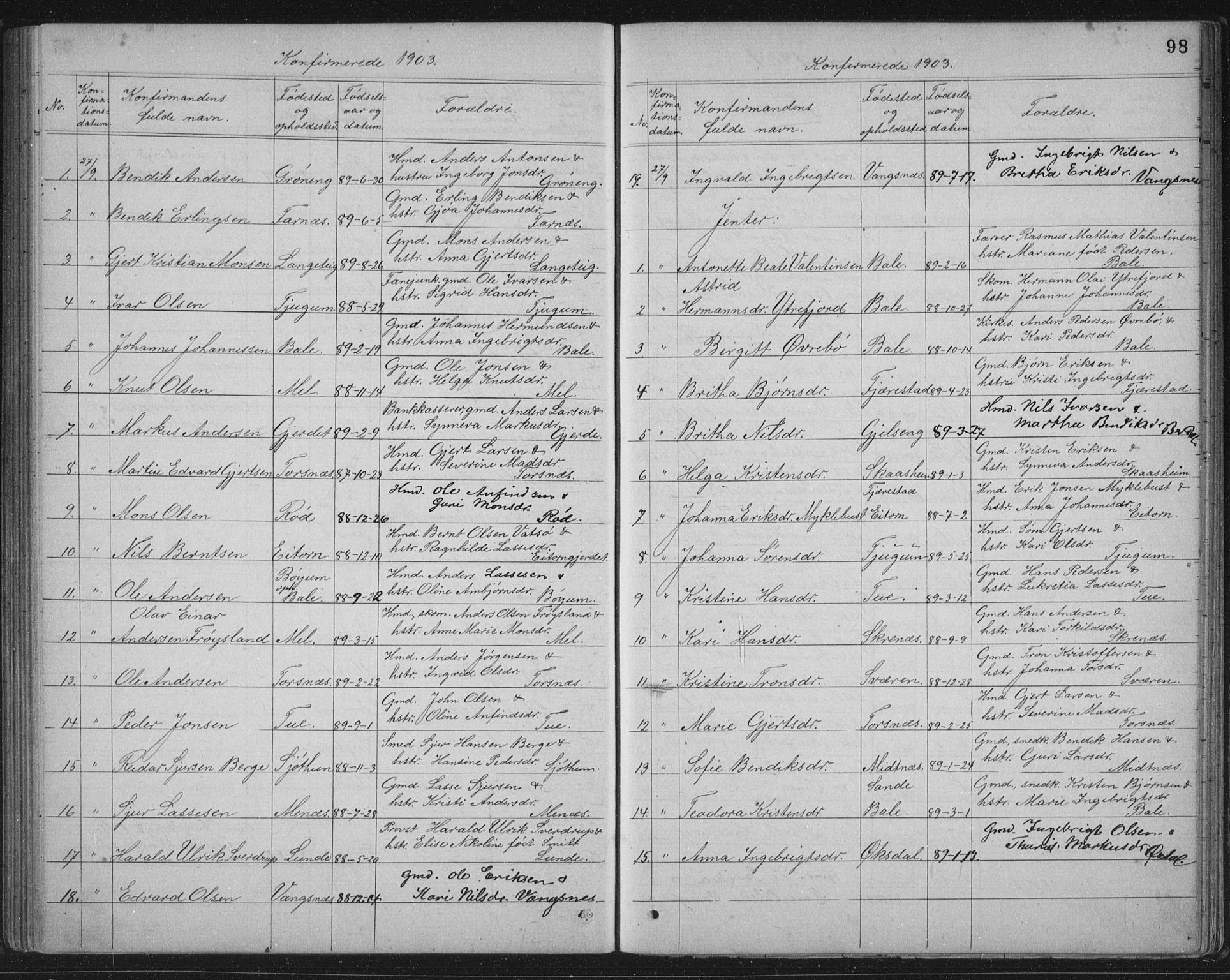 Balestrand sokneprestembete, AV/SAB-A-79601/H/Hab/Haba/L0002: Klokkerbok nr. A 2, 1880-1919, s. 98
