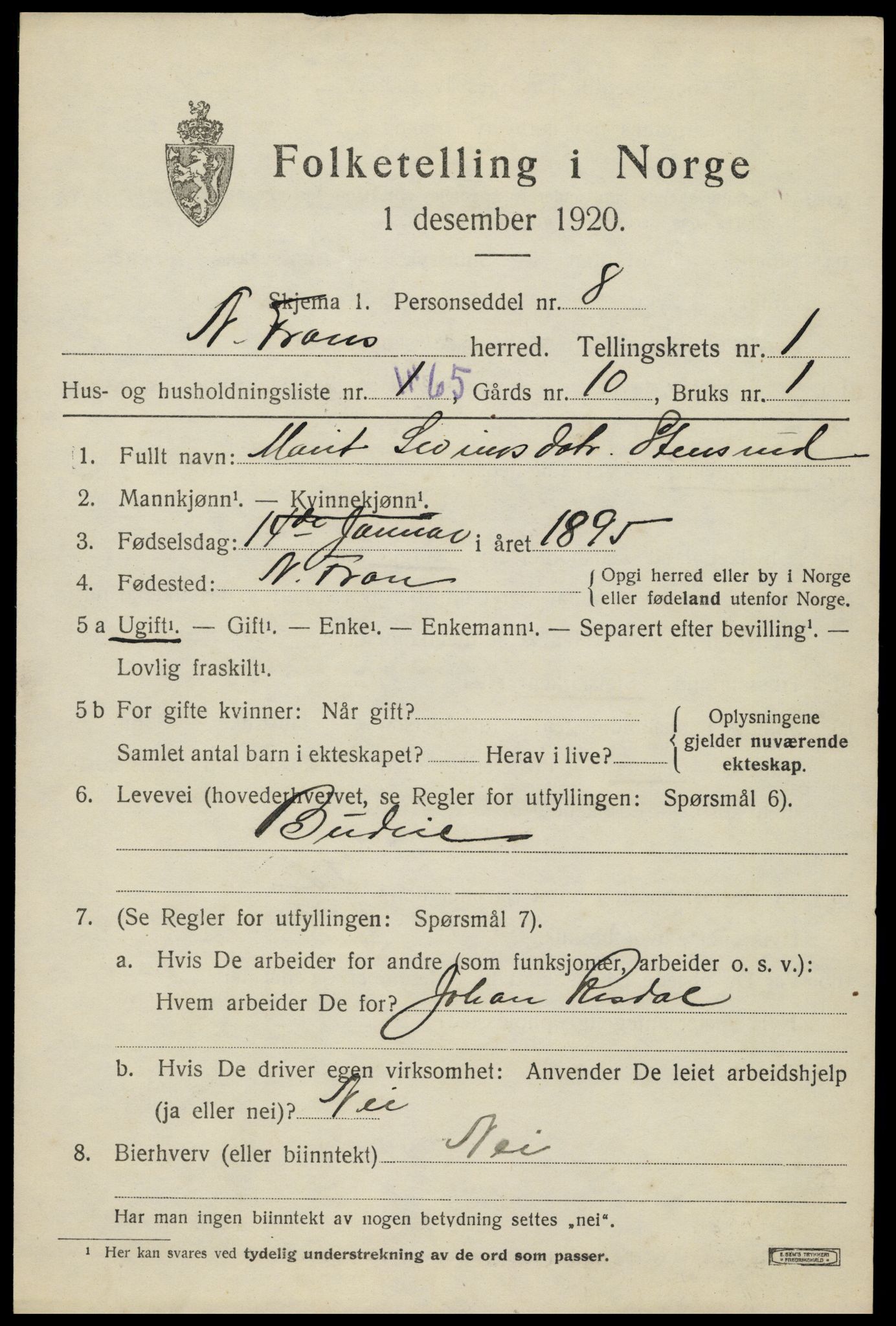 SAH, Folketelling 1920 for 0518 Nord-Fron herred, 1920, s. 2398