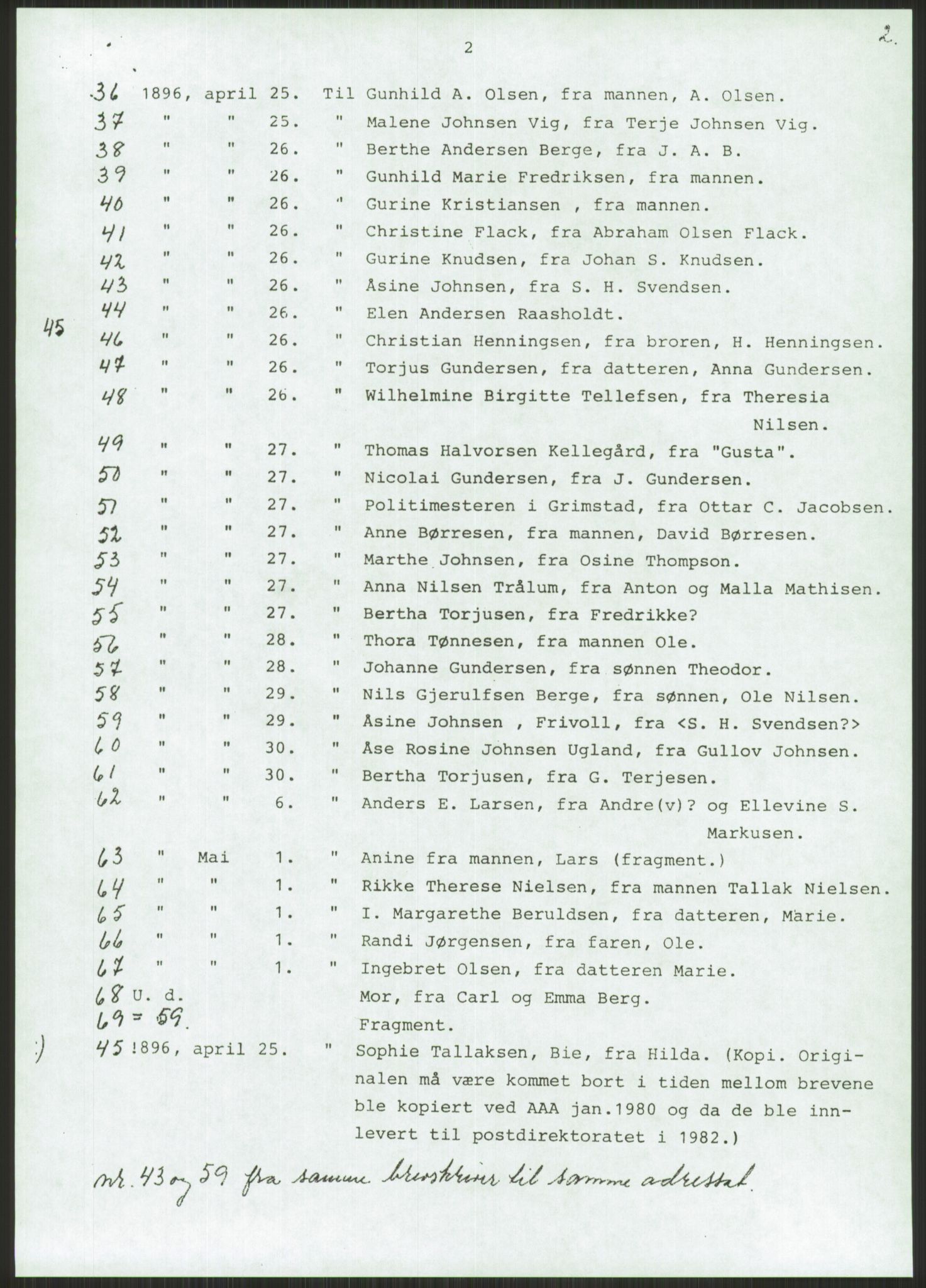 Samlinger til kildeutgivelse, Amerikabrevene, AV/RA-EA-4057/F/L0025: Innlån fra Aust-Agder: Aust-Agder-Arkivet, Grimstadbrevene, 1838-1914, s. 11