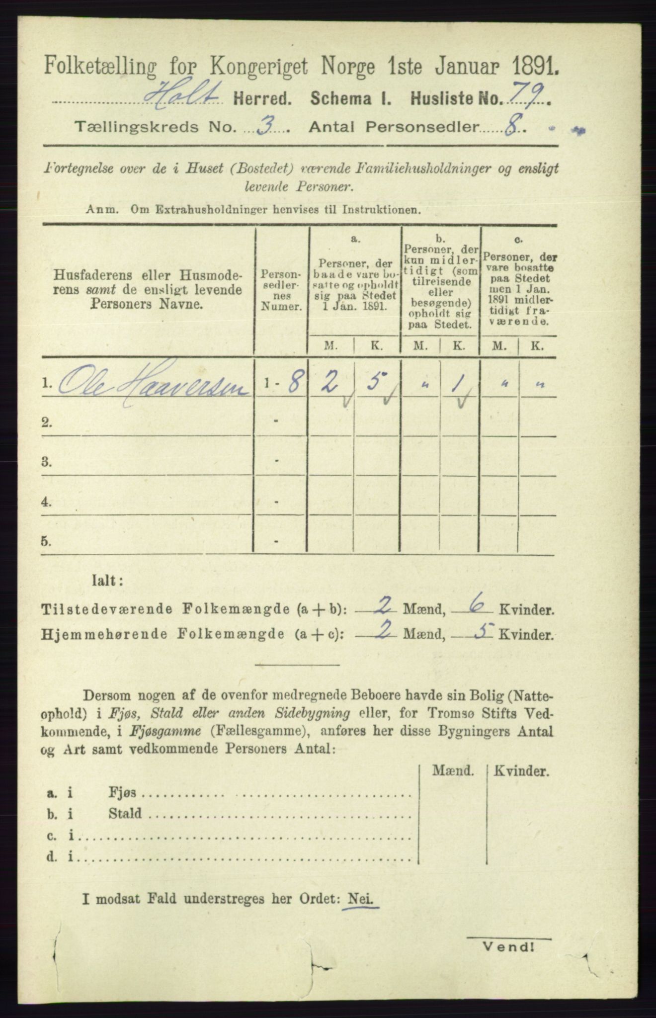 RA, Folketelling 1891 for 0914 Holt herred, 1891, s. 1031