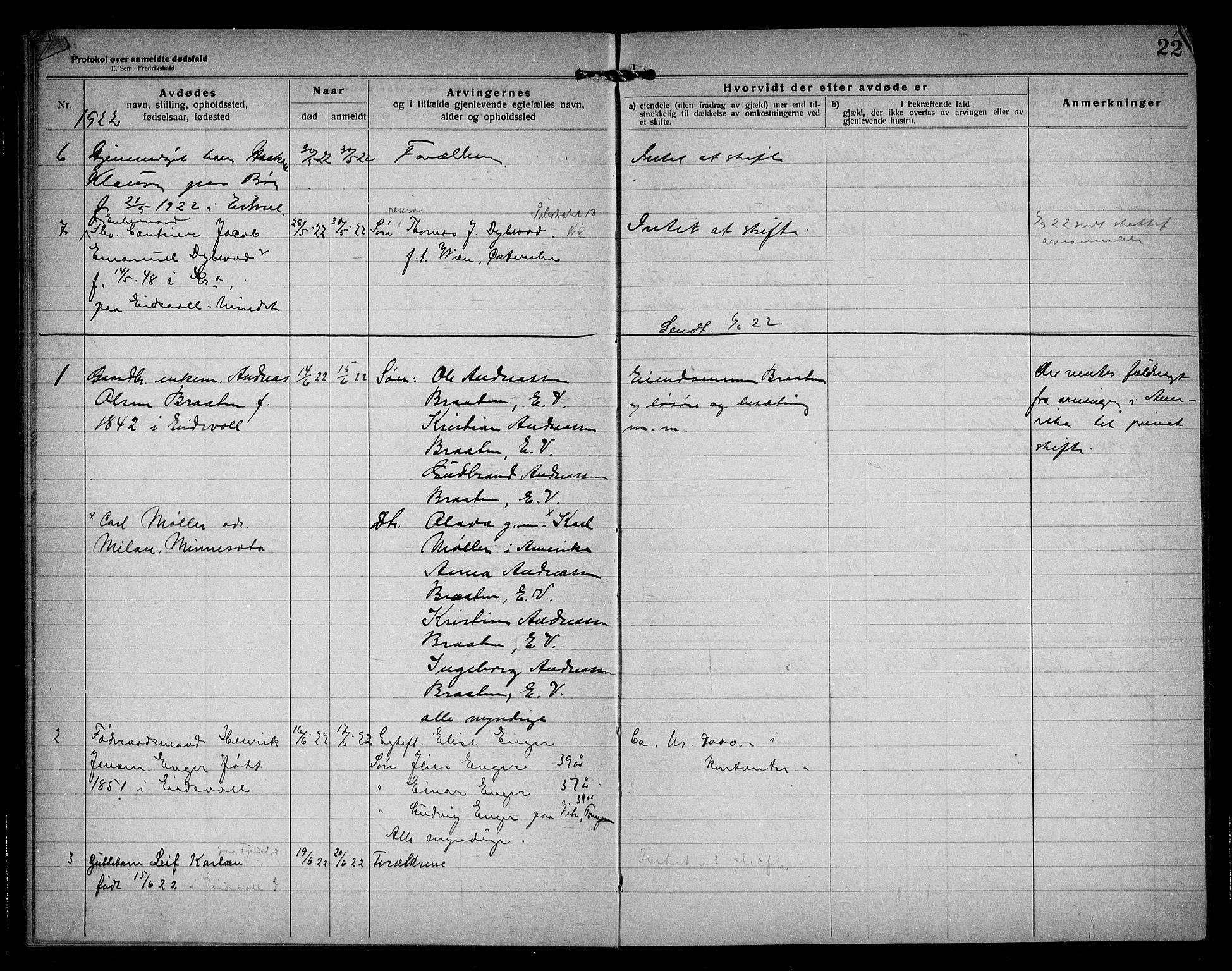 Eidsvoll lensmannskontor, AV/SAO-A-10266a/H/Ha/Haa/L0005: Dødsfallprotokoll, 1921-1930, s. 22