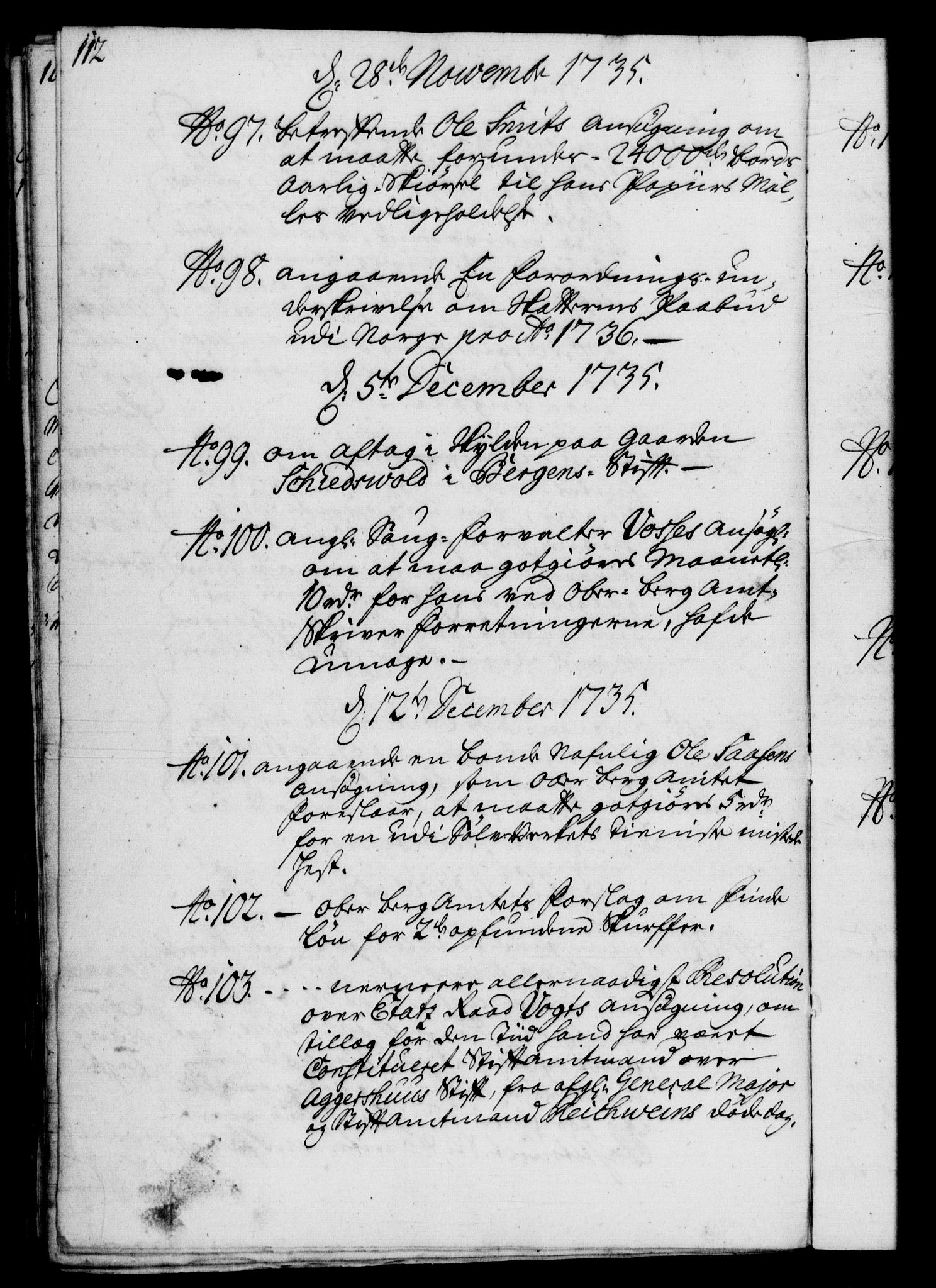 Rentekammeret, Kammerkanselliet, RA/EA-3111/G/Gf/Gfb/L0003: Register til norske relasjons- og resolusjonsprotokoller (merket RK 52.98), 1729-1736, s. 112