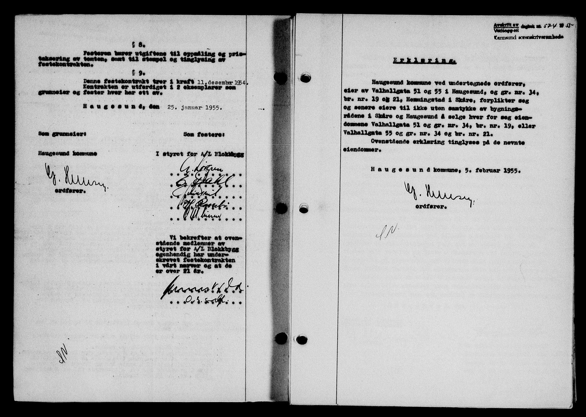 Karmsund sorenskriveri, AV/SAST-A-100311/01/II/IIB/L0115: Pantebok nr. 95A, 1955-1955, Dagboknr: 574/1955