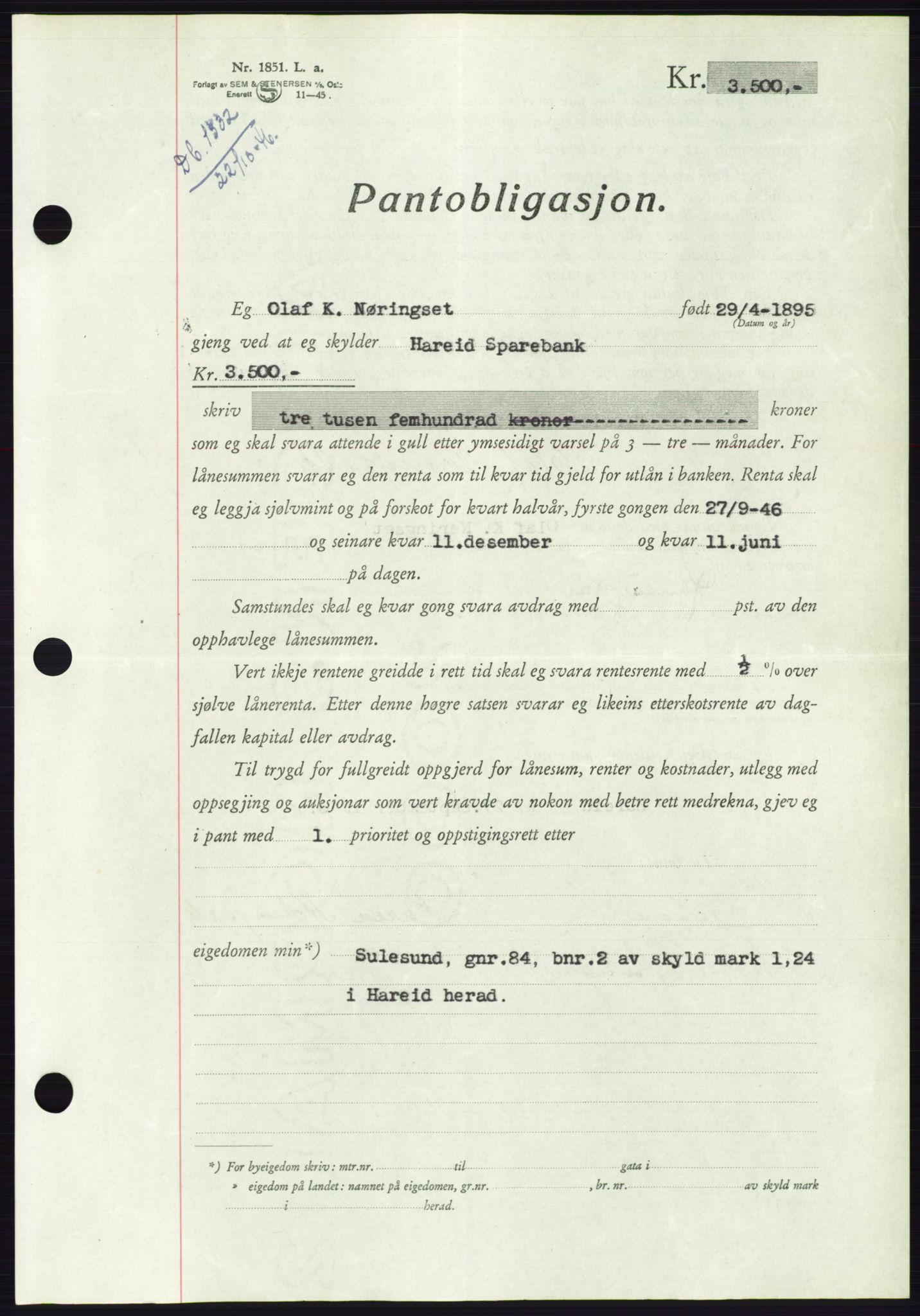 Søre Sunnmøre sorenskriveri, AV/SAT-A-4122/1/2/2C/L0114: Pantebok nr. 1-2B, 1943-1947, Dagboknr: 1332/1946