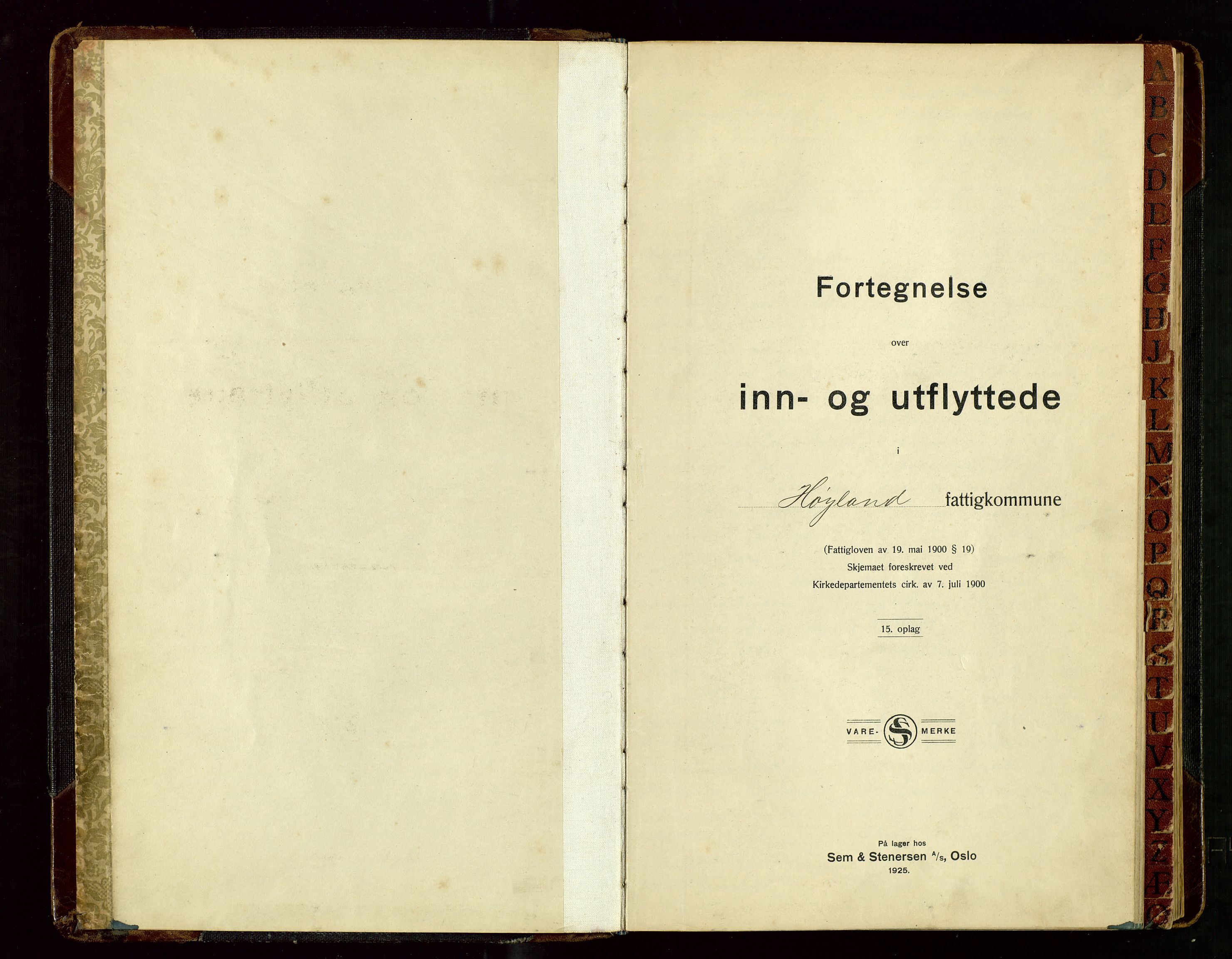 Høyland/Sandnes lensmannskontor, SAST/A-100166/Gwa/L0004: "Fortegnelse over inn- og utflyttede i Høyland fattigkommune" med alfabetisk navneregister, 1926-1940