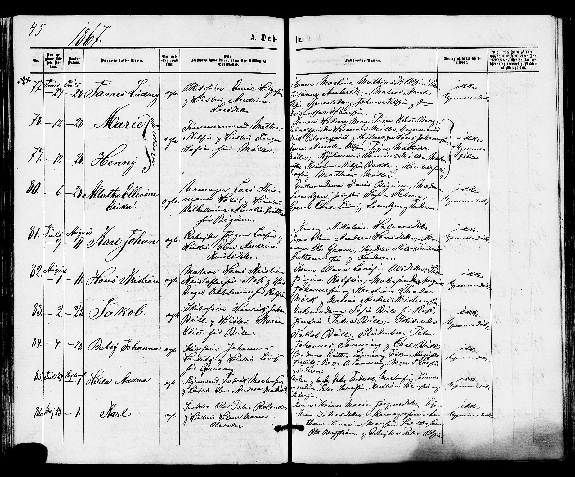 Tønsberg kirkebøker, AV/SAKO-A-330/F/Fa/L0009: Ministerialbok nr. I 9, 1865-1873, s. 45