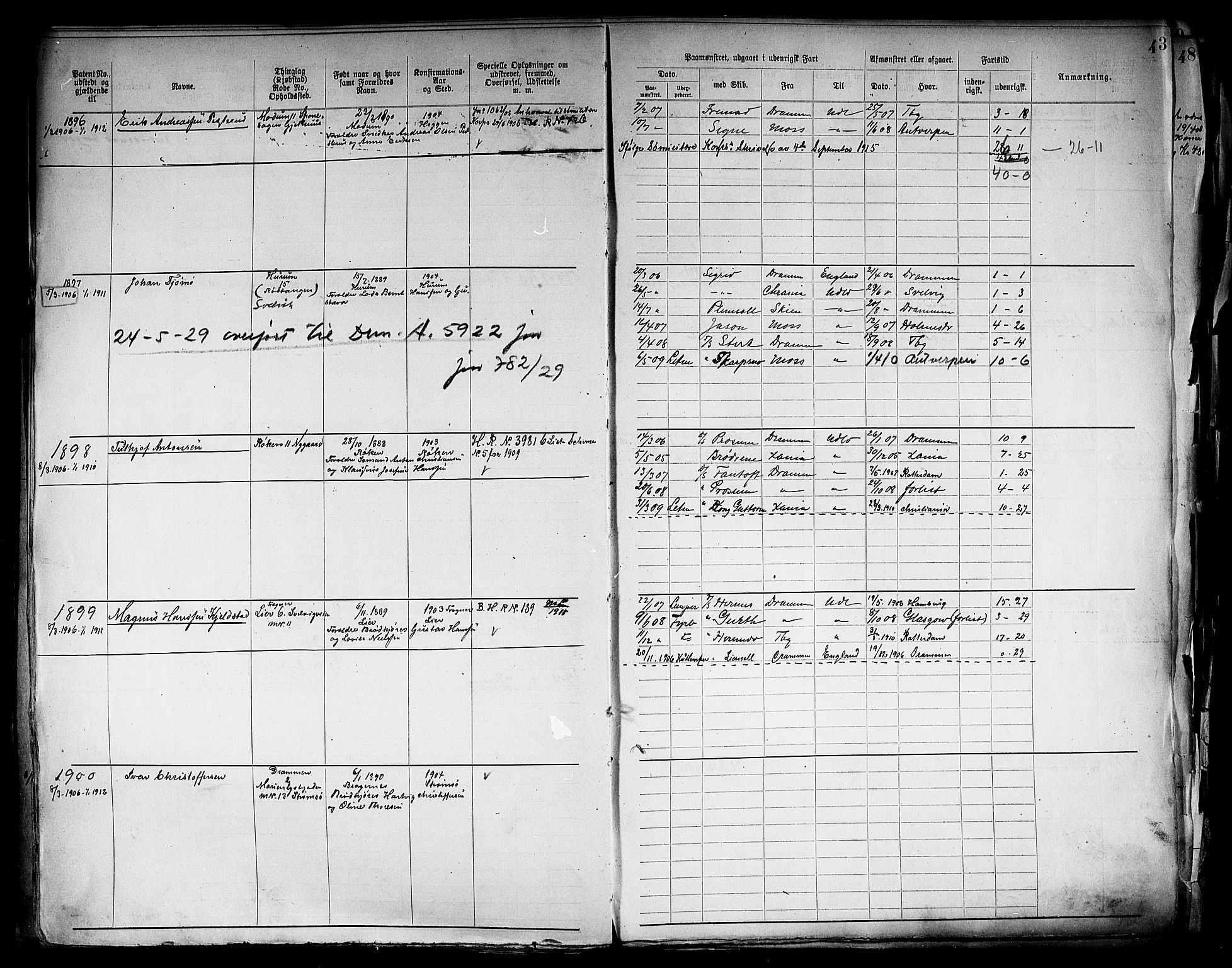 Drammen innrulleringsdistrikt, SAKO/A-781/F/Fb/L0006: Annotasjonsrulle, 1905-1911, s. 45