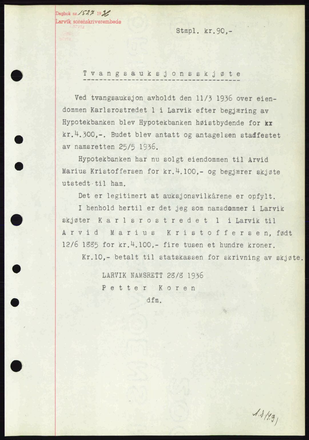 Larvik sorenskriveri, SAKO/A-83/G/Ga/Gab/L0067: Pantebok nr. A-1, 1936-1937, Dagboknr: 1527/1936