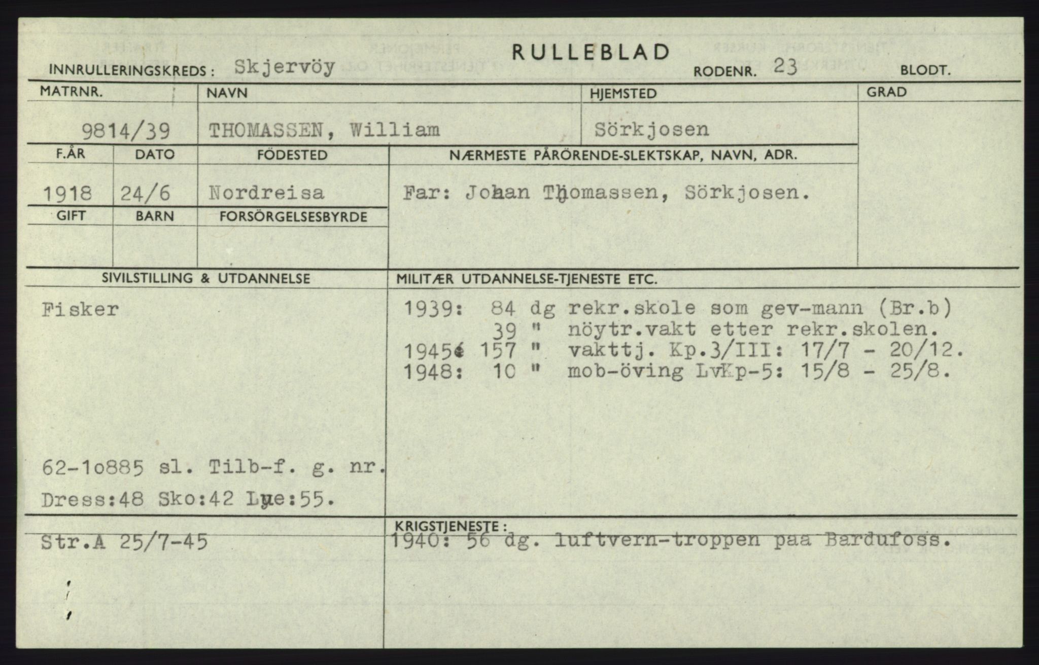 Forsvaret, Troms infanteriregiment nr. 16, AV/RA-RAFA-3146/P/Pa/L0023: Rulleblad for regimentets menige mannskaper, årsklasse 1939, 1939, s. 1307