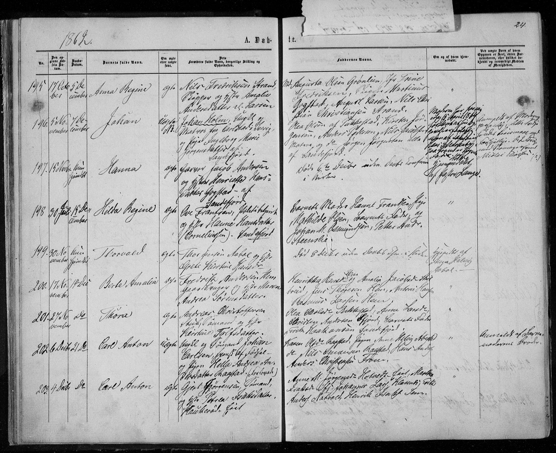 Sandar kirkebøker, AV/SAKO-A-243/F/Fa/L0008: Ministerialbok nr. 8, 1862-1871, s. 24