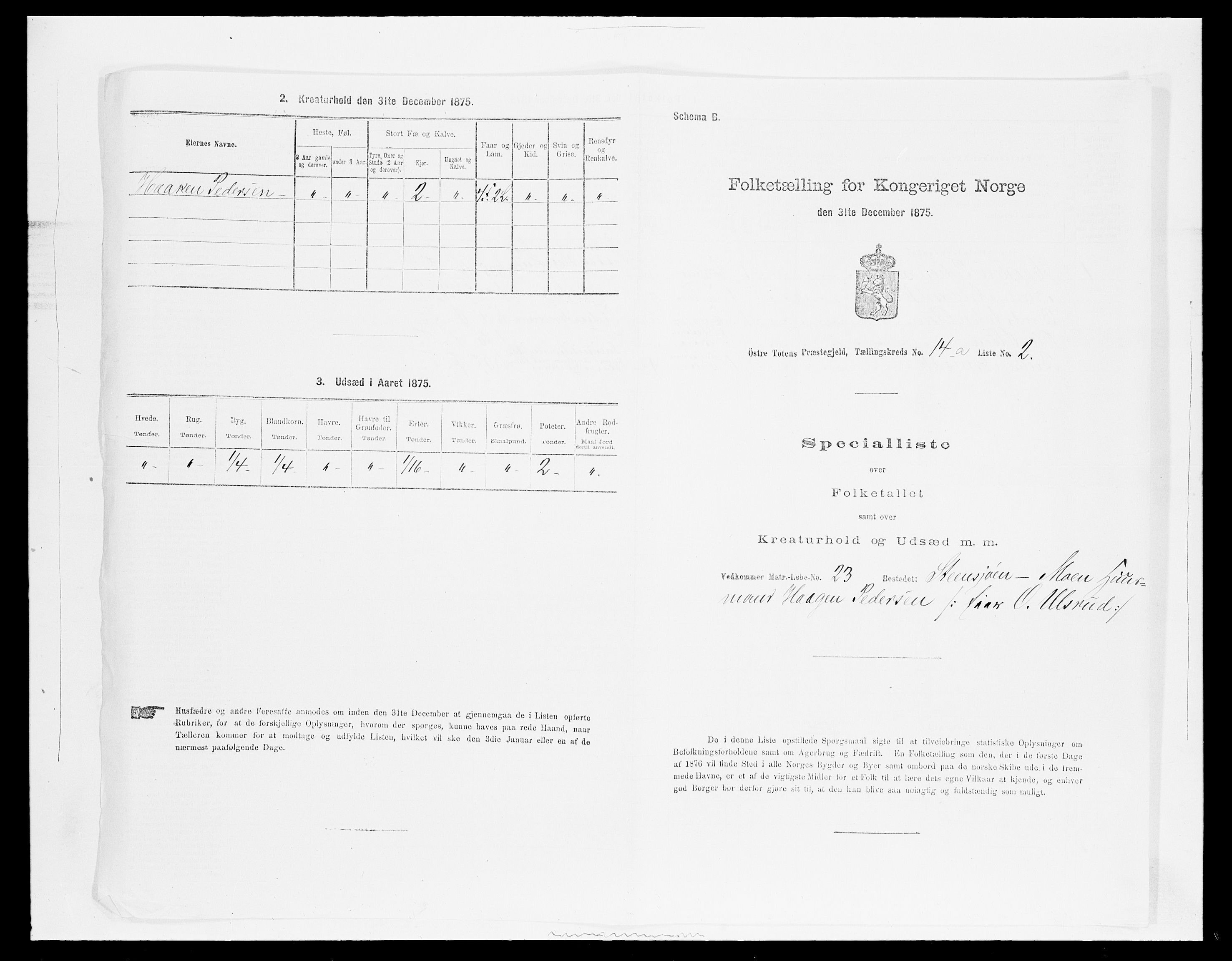 SAH, Folketelling 1875 for 0528P Østre Toten prestegjeld, 1875, s. 2616