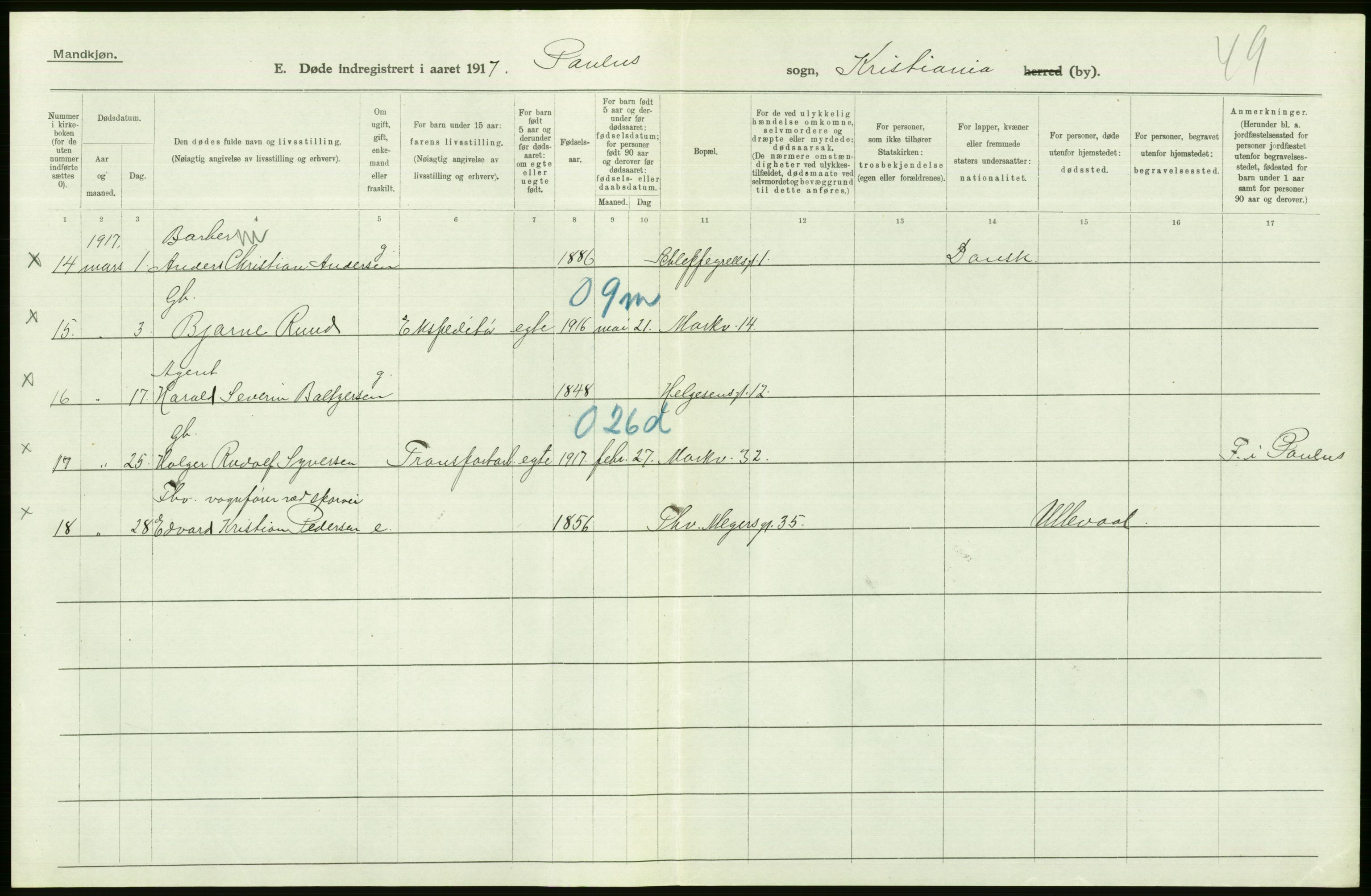 Statistisk sentralbyrå, Sosiodemografiske emner, Befolkning, AV/RA-S-2228/D/Df/Dfb/Dfbg/L0010: Kristiania: Døde, 1917, s. 386