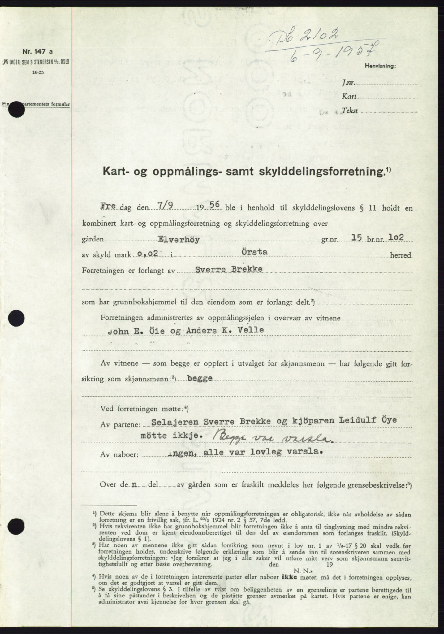 Søre Sunnmøre sorenskriveri, SAT/A-4122/1/2/2C/L0107: Pantebok nr. 33A, 1957-1957, Dagboknr: 2102/1957