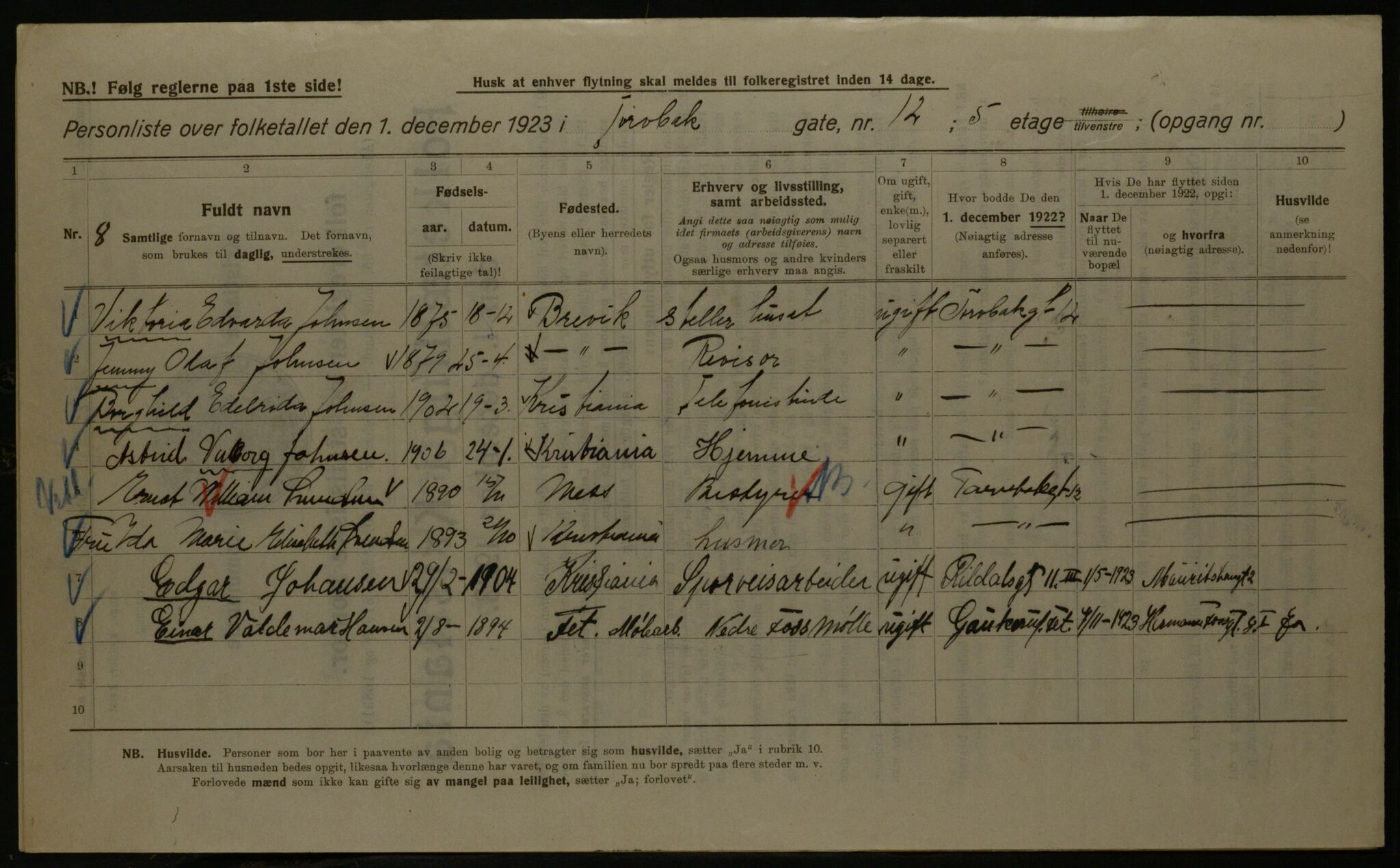 OBA, Kommunal folketelling 1.12.1923 for Kristiania, 1923, s. 126908